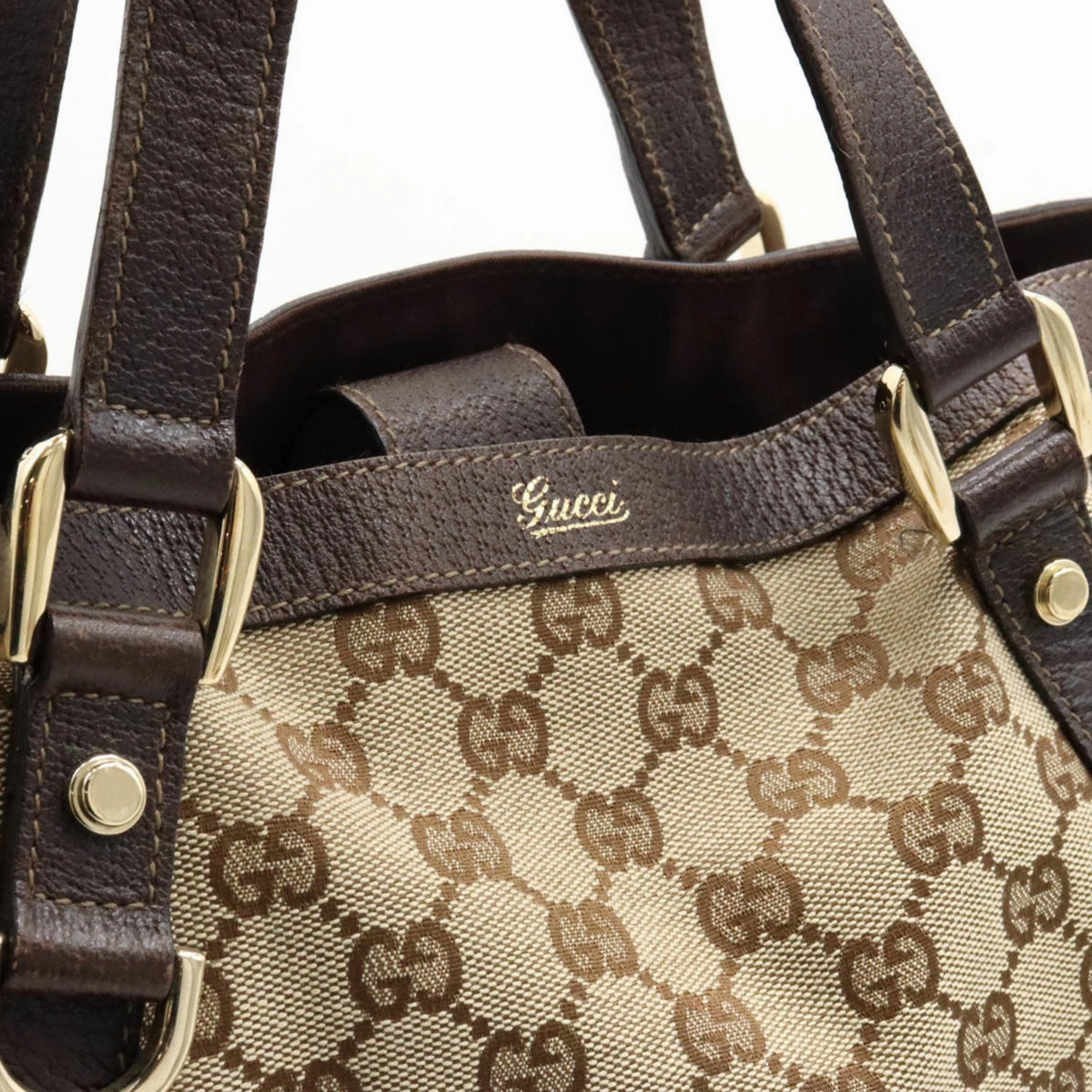 Gucci Beige Dark Brown Canvas Leather Handbag Shoulder Bag Tote Bag ()
