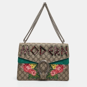 Gucci /beige Gg Supreme Canvas And Suede Medium Modern Embroidered Dionysus Shoulder Bag