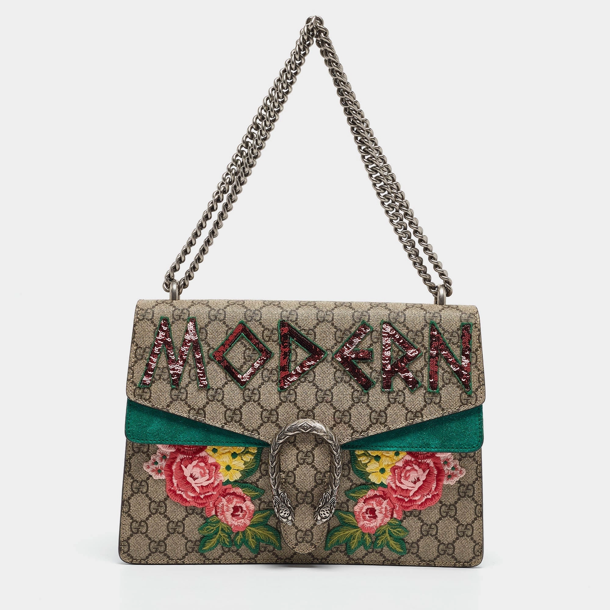 Gucci /beige Gg Supreme Canvas And Suede Medium Modern Embroidered Dionysus Shoulder Bag