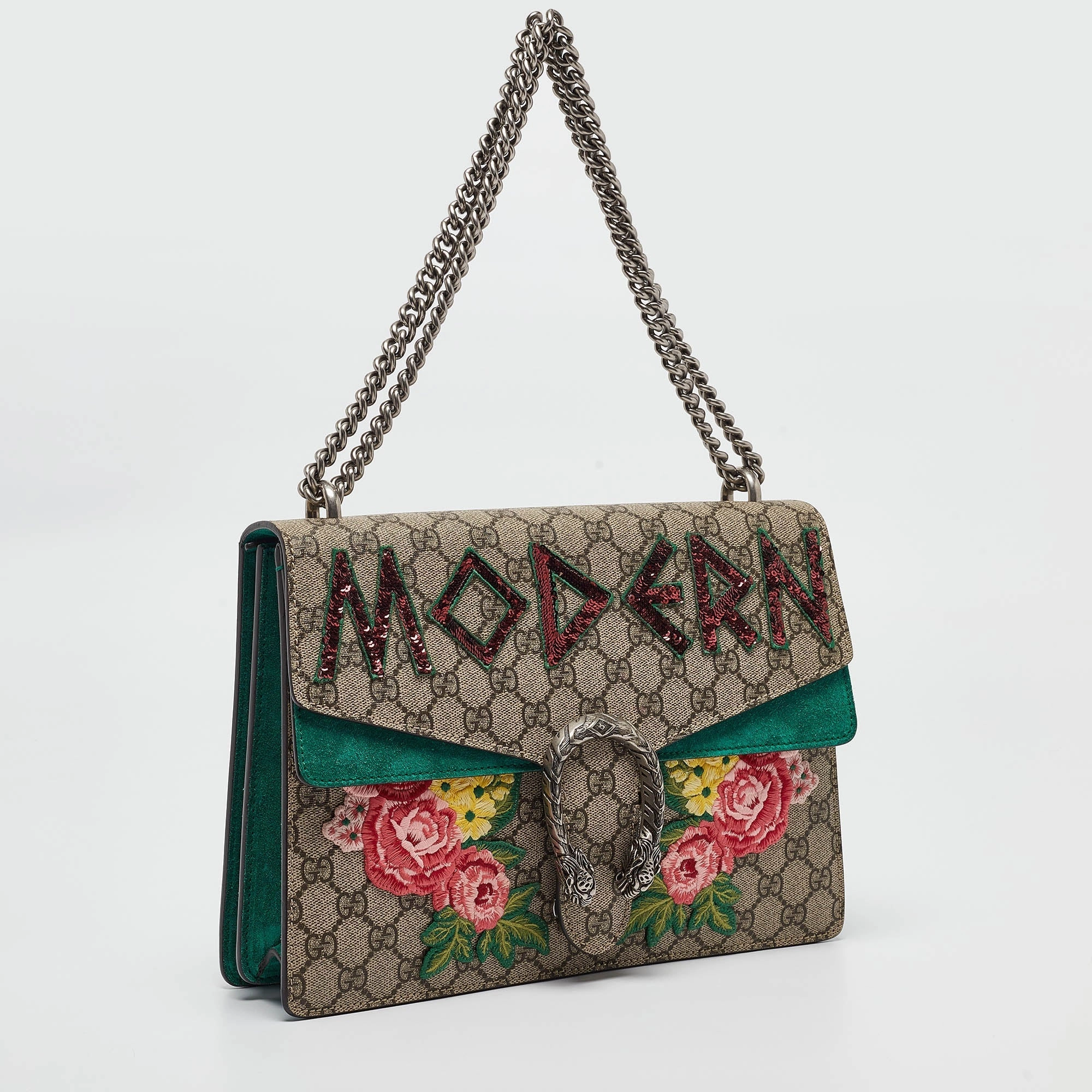 Gucci /beige Gg Supreme Canvas And Suede Medium Modern Embroidered Dionysus Shoulder Bag