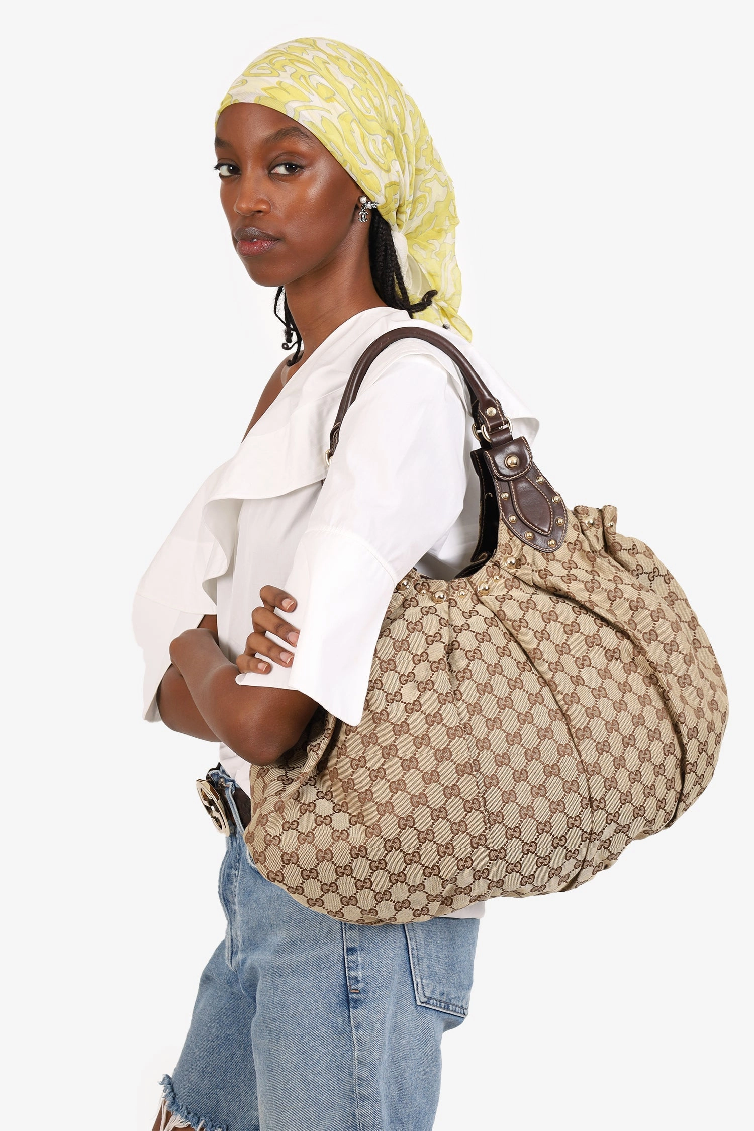 Gucci Brown/Beige GG Canvas/Leather Small Studded Hobo