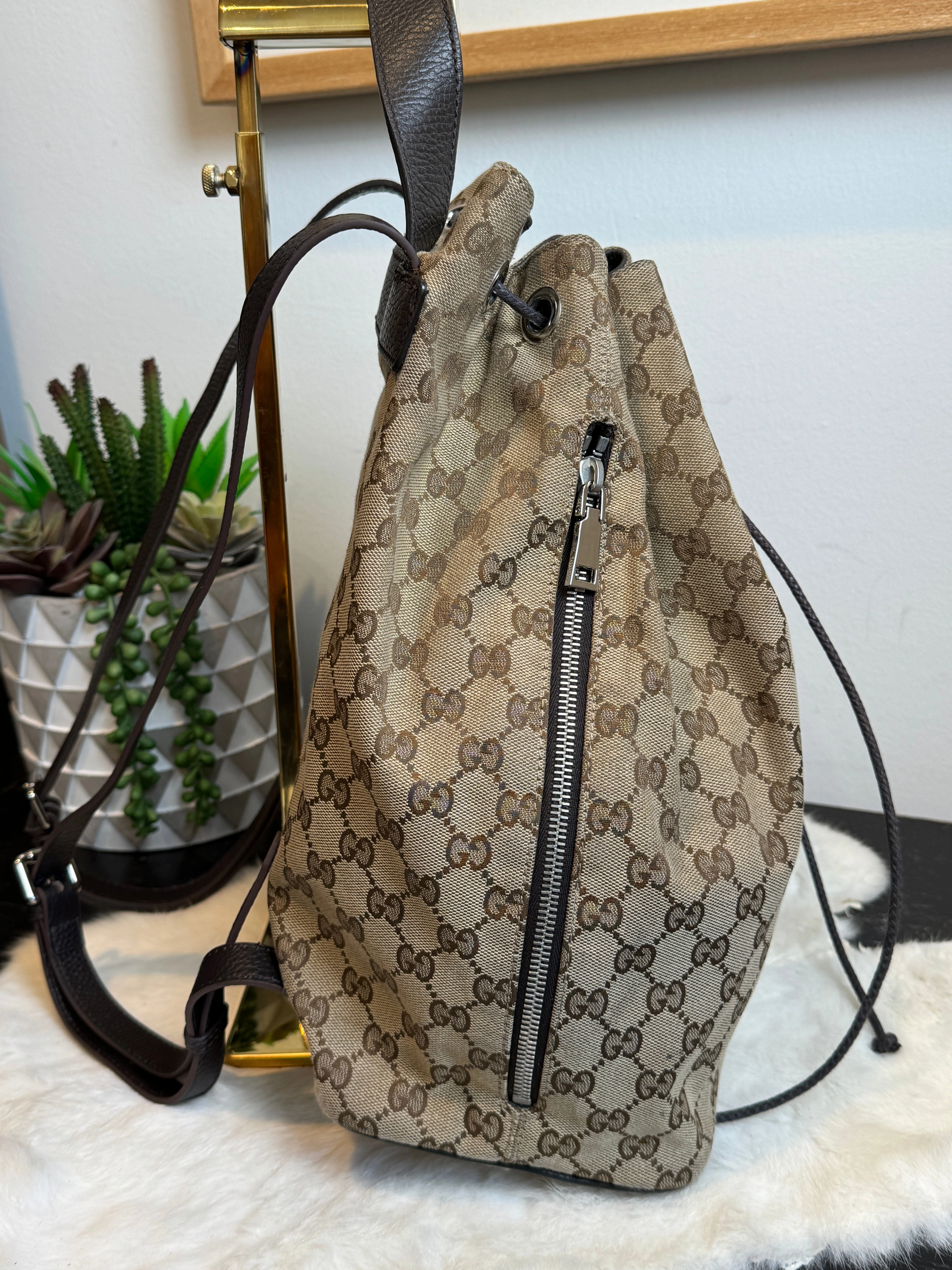 GUCCI Canvas Drawstring Leather Dk Brown Backpack