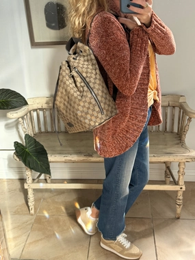 GUCCI Canvas Drawstring Leather Dk Brown Backpack