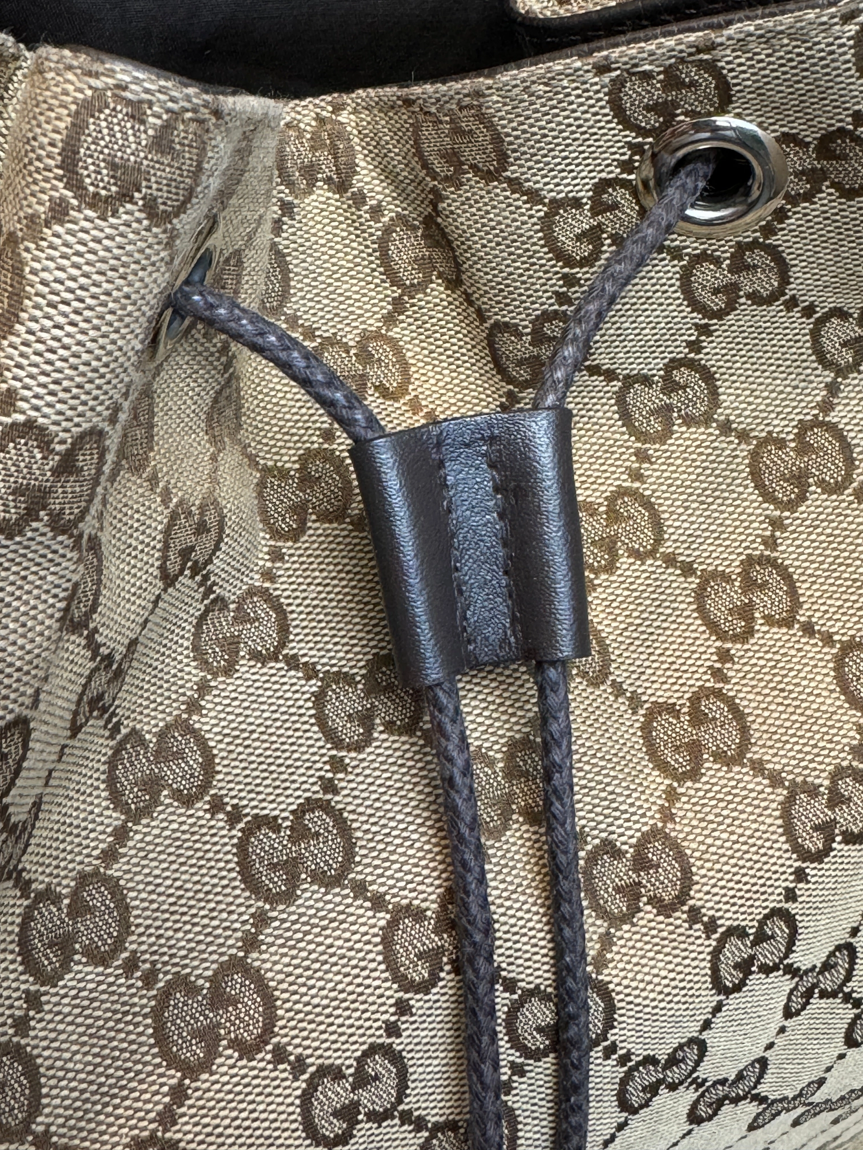 GUCCI Canvas Drawstring Leather Dk Brown Backpack