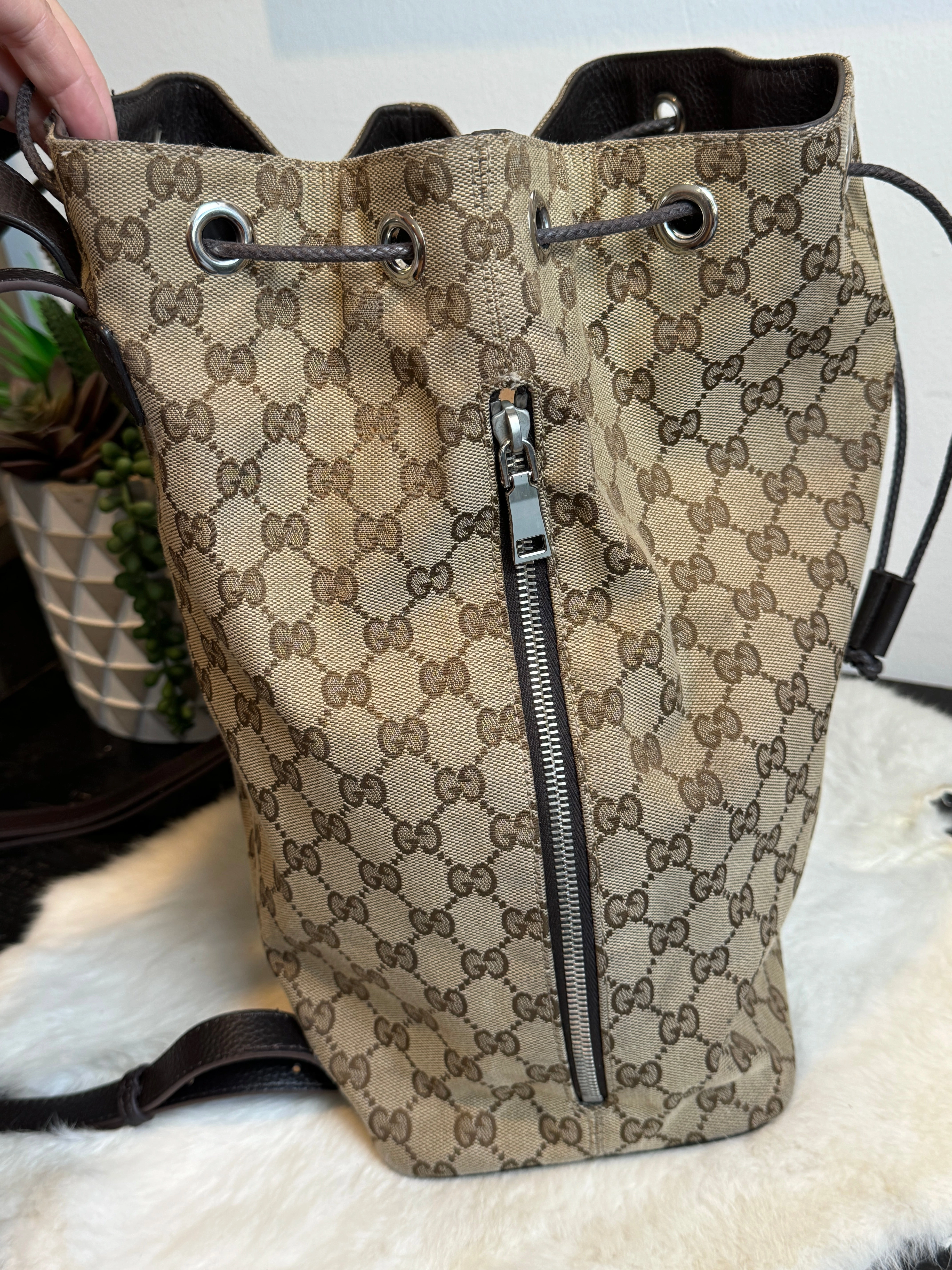 GUCCI Canvas Drawstring Leather Dk Brown Backpack