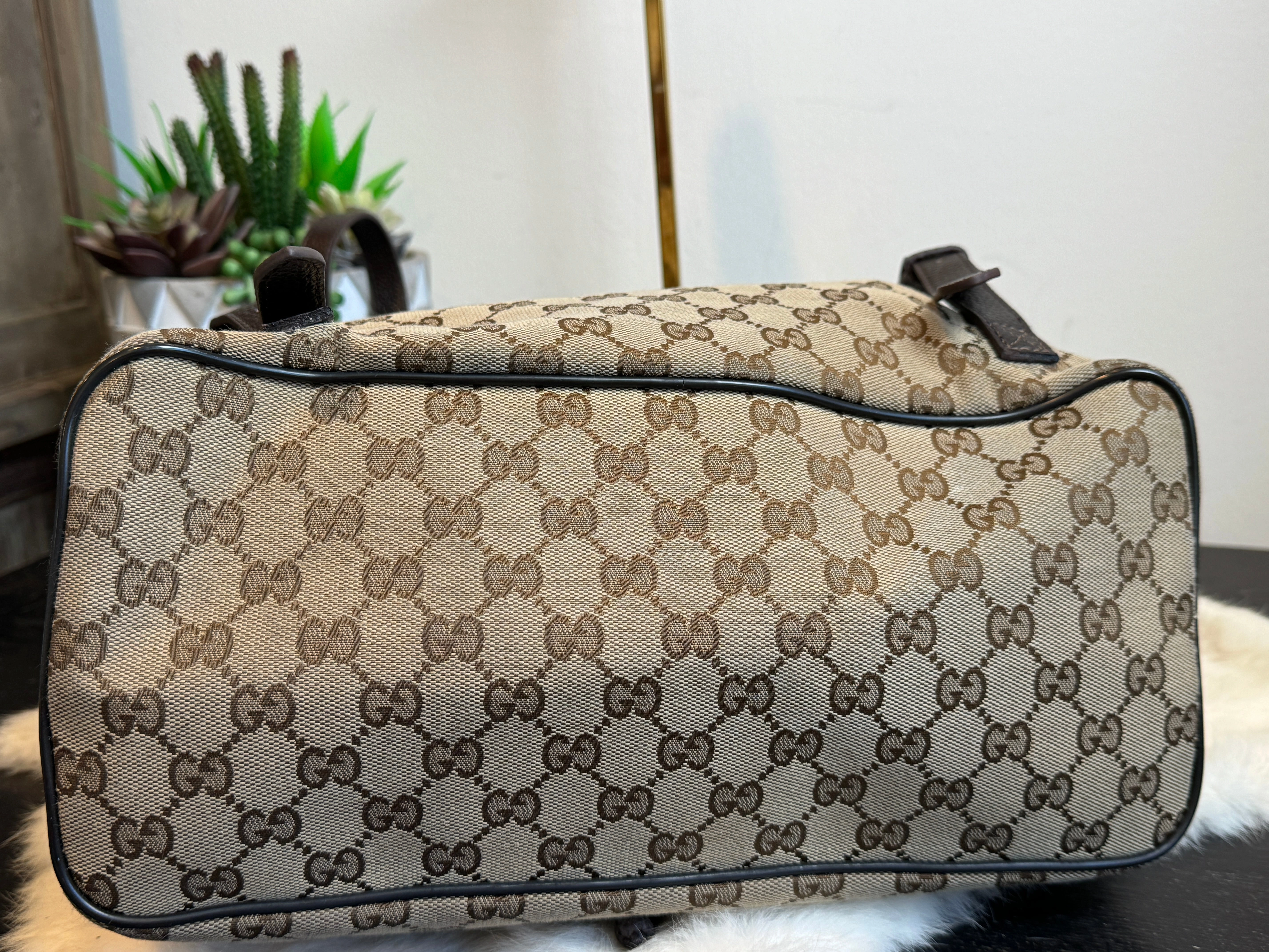 GUCCI Canvas Drawstring Leather Dk Brown Backpack