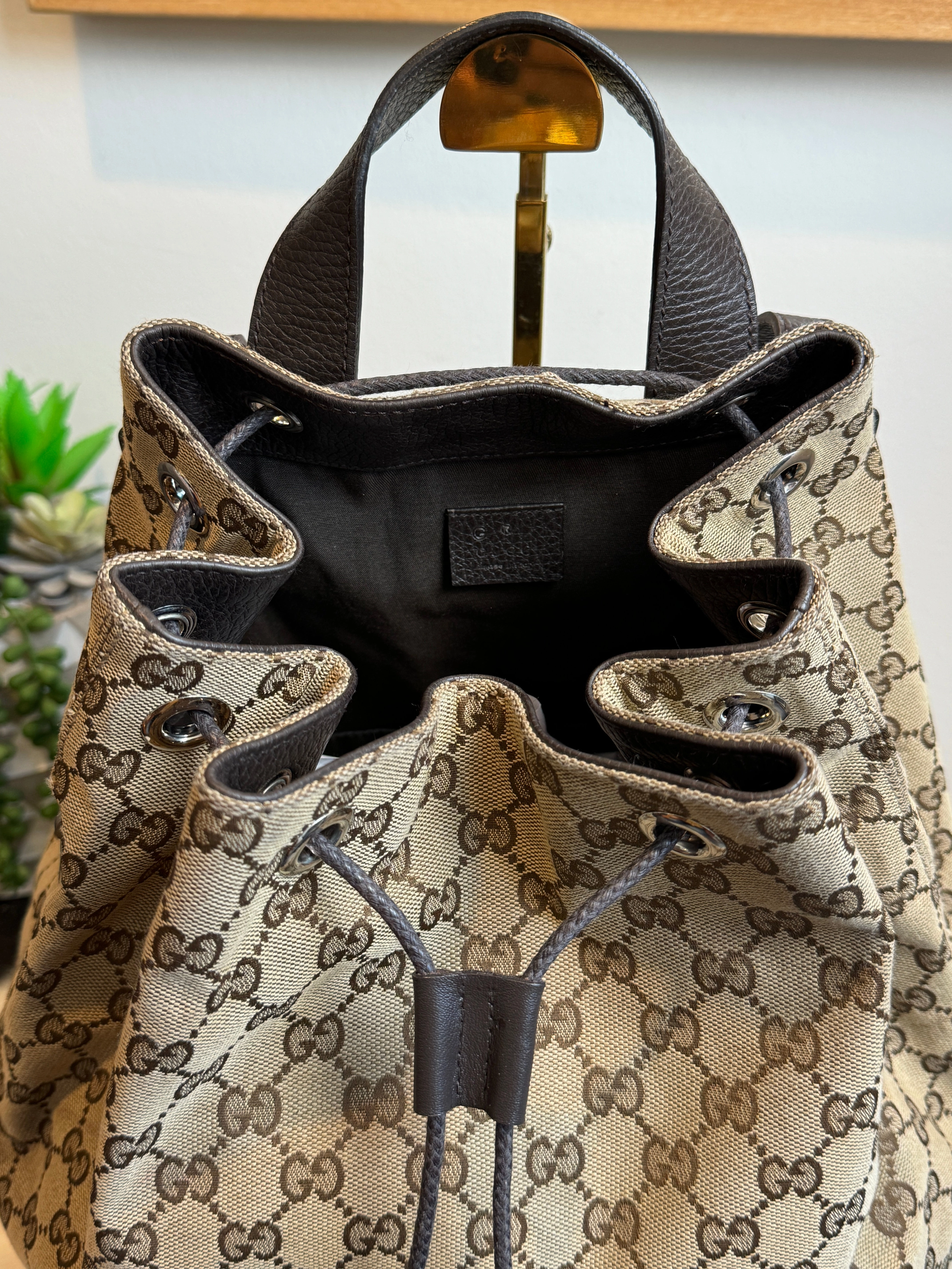 GUCCI Canvas Drawstring Leather Dk Brown Backpack