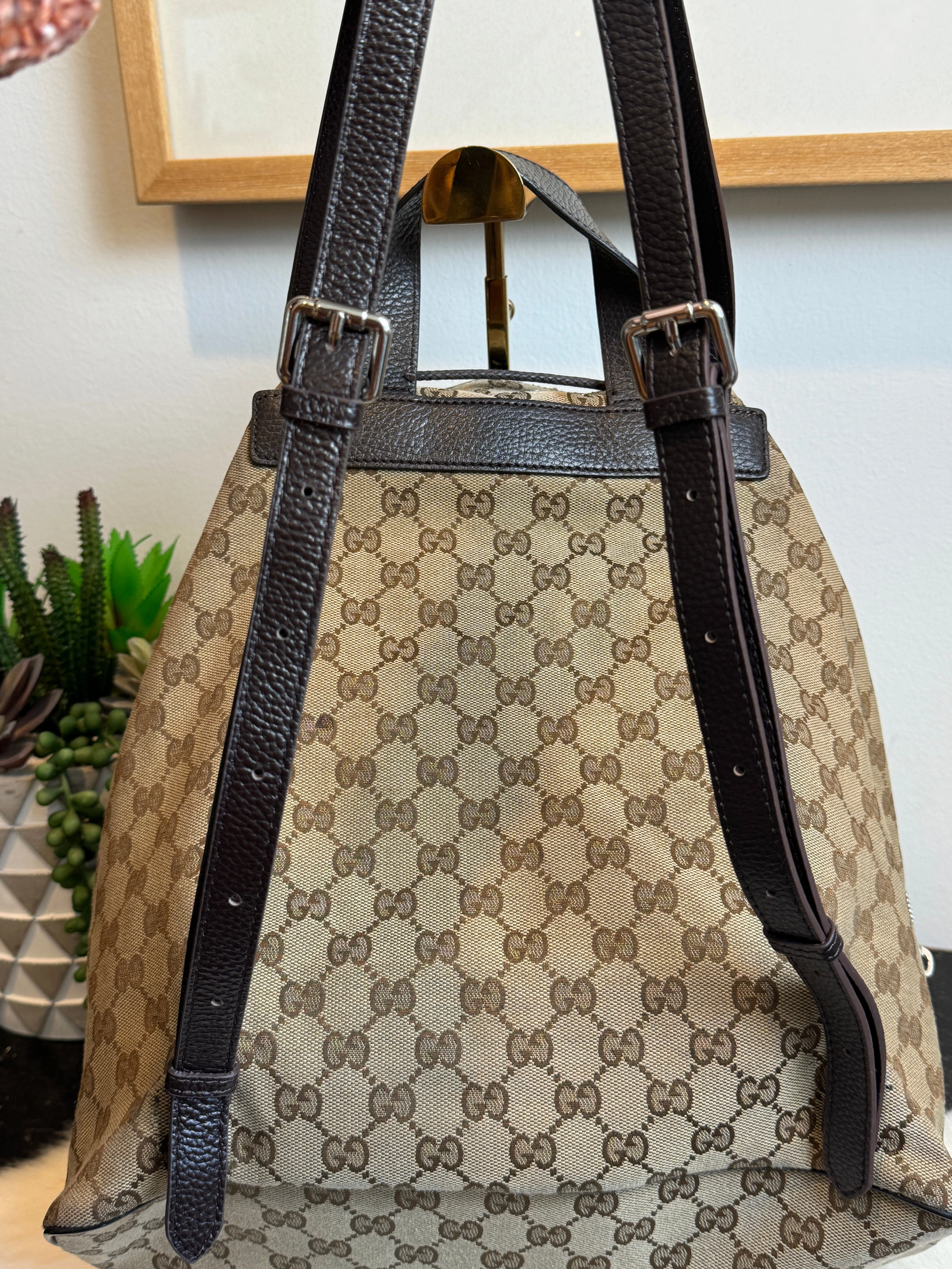 GUCCI Canvas Drawstring Leather Dk Brown Backpack