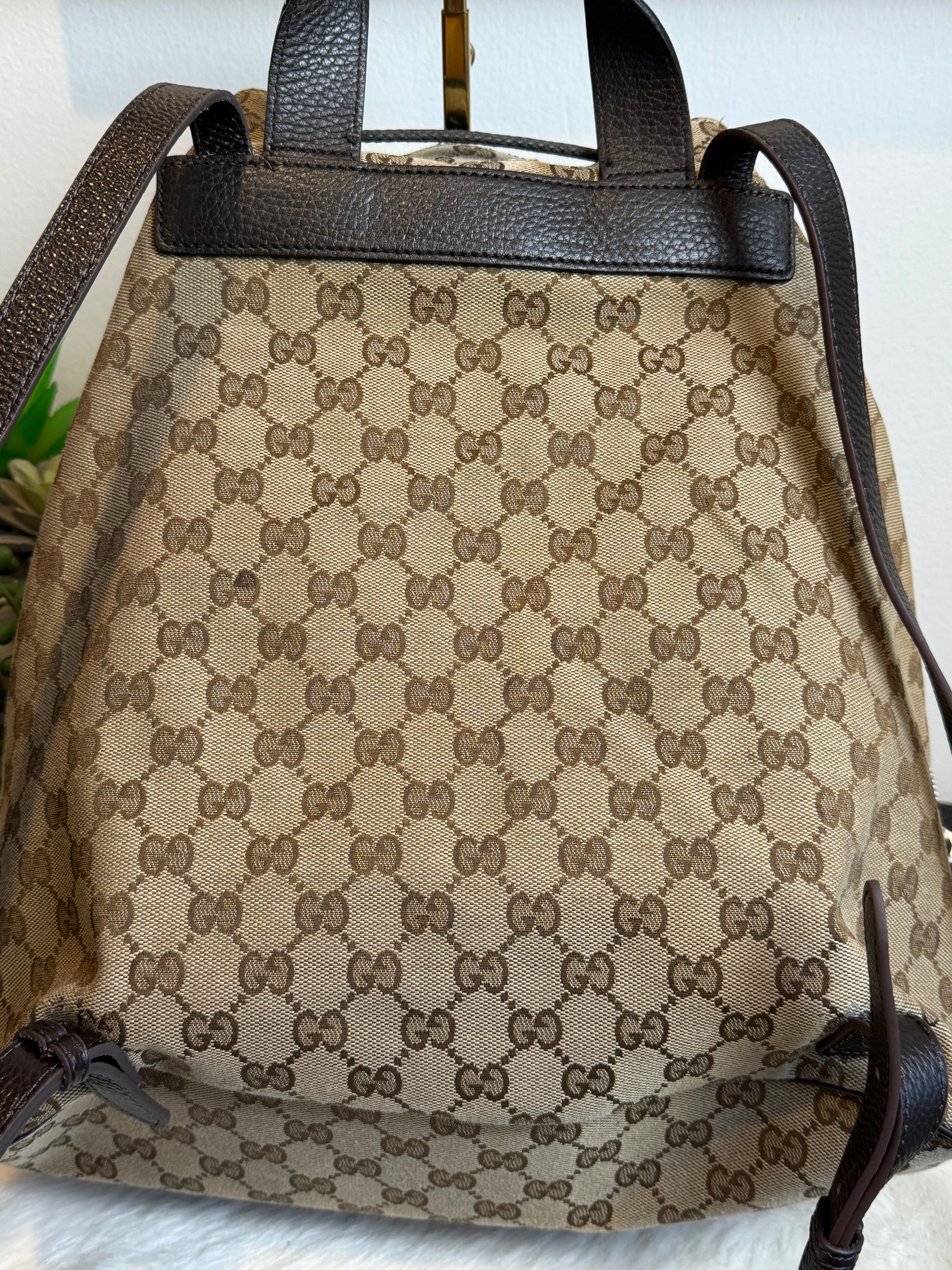 GUCCI Canvas Drawstring Leather Dk Brown Backpack
