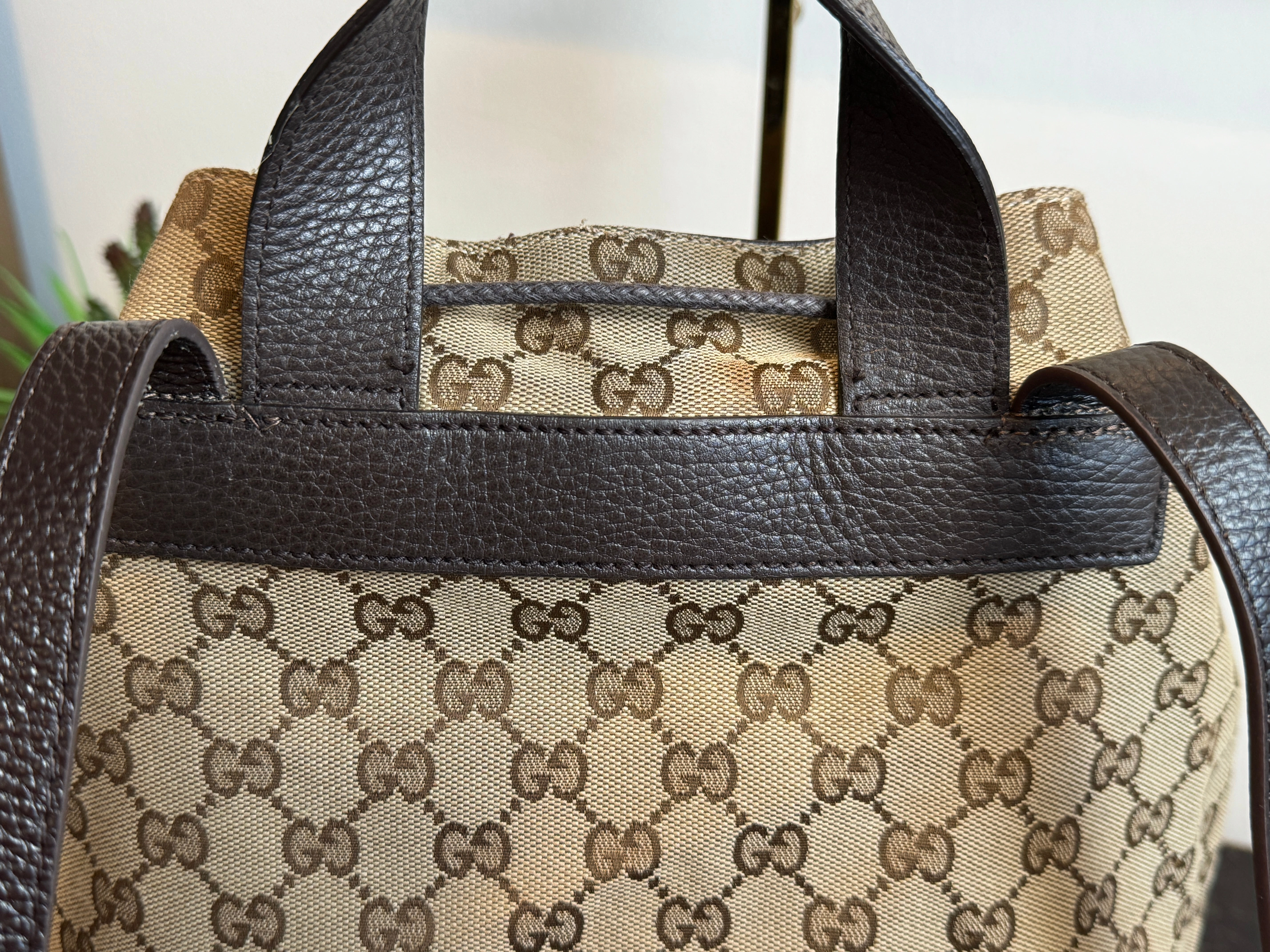 GUCCI Canvas Drawstring Leather Dk Brown Backpack