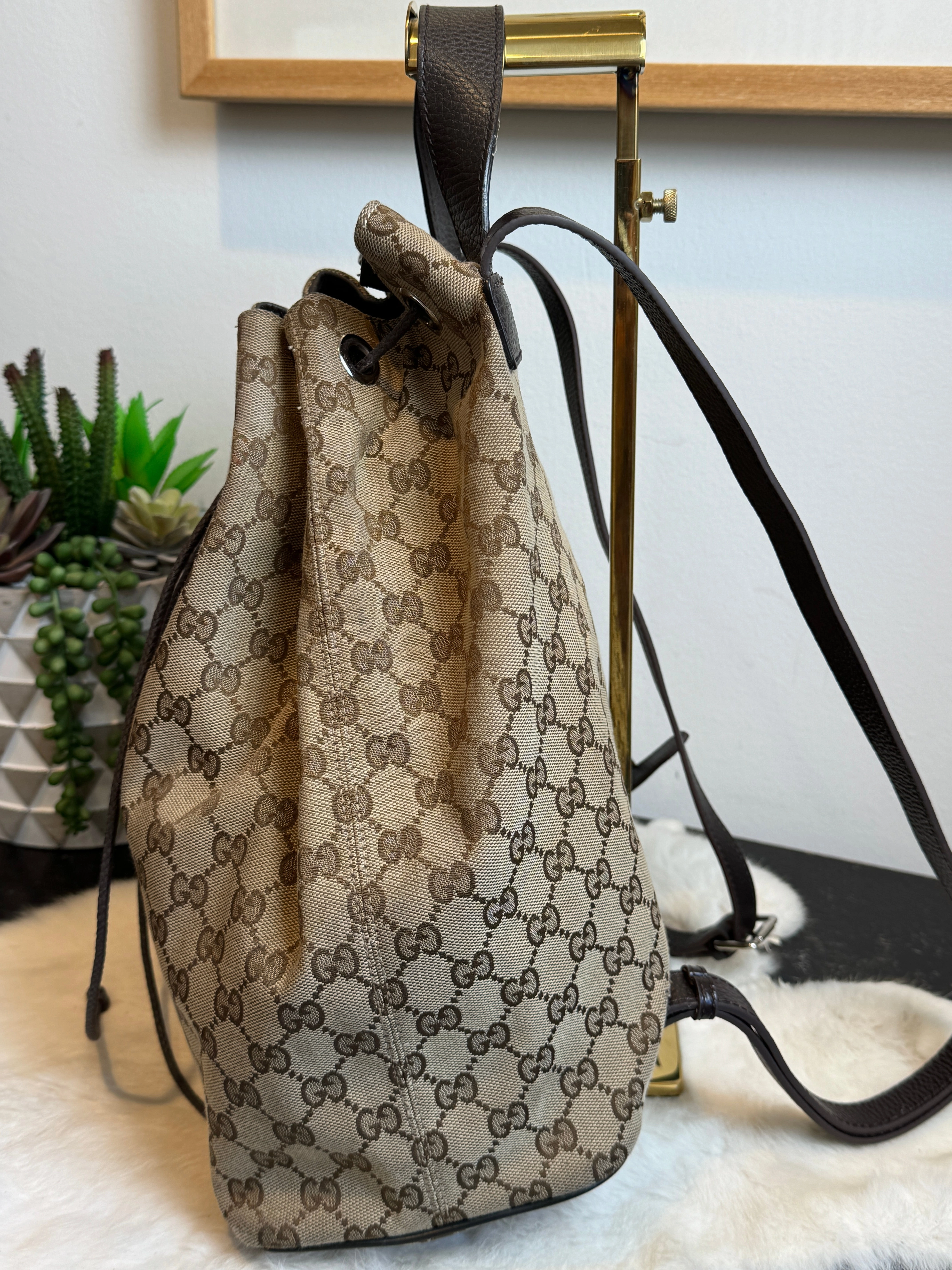 GUCCI Canvas Drawstring Leather Dk Brown Backpack