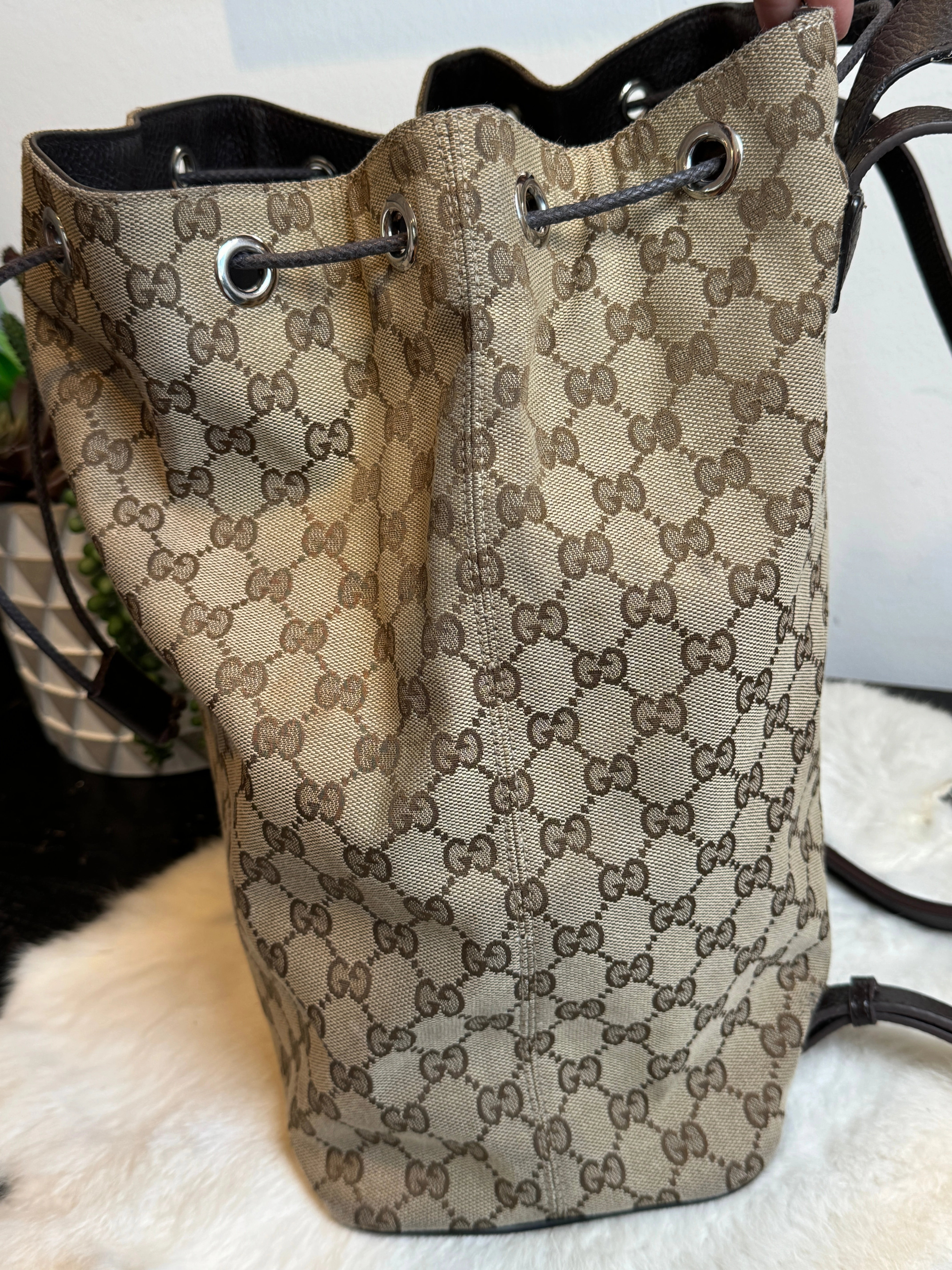 GUCCI Canvas Drawstring Leather Dk Brown Backpack