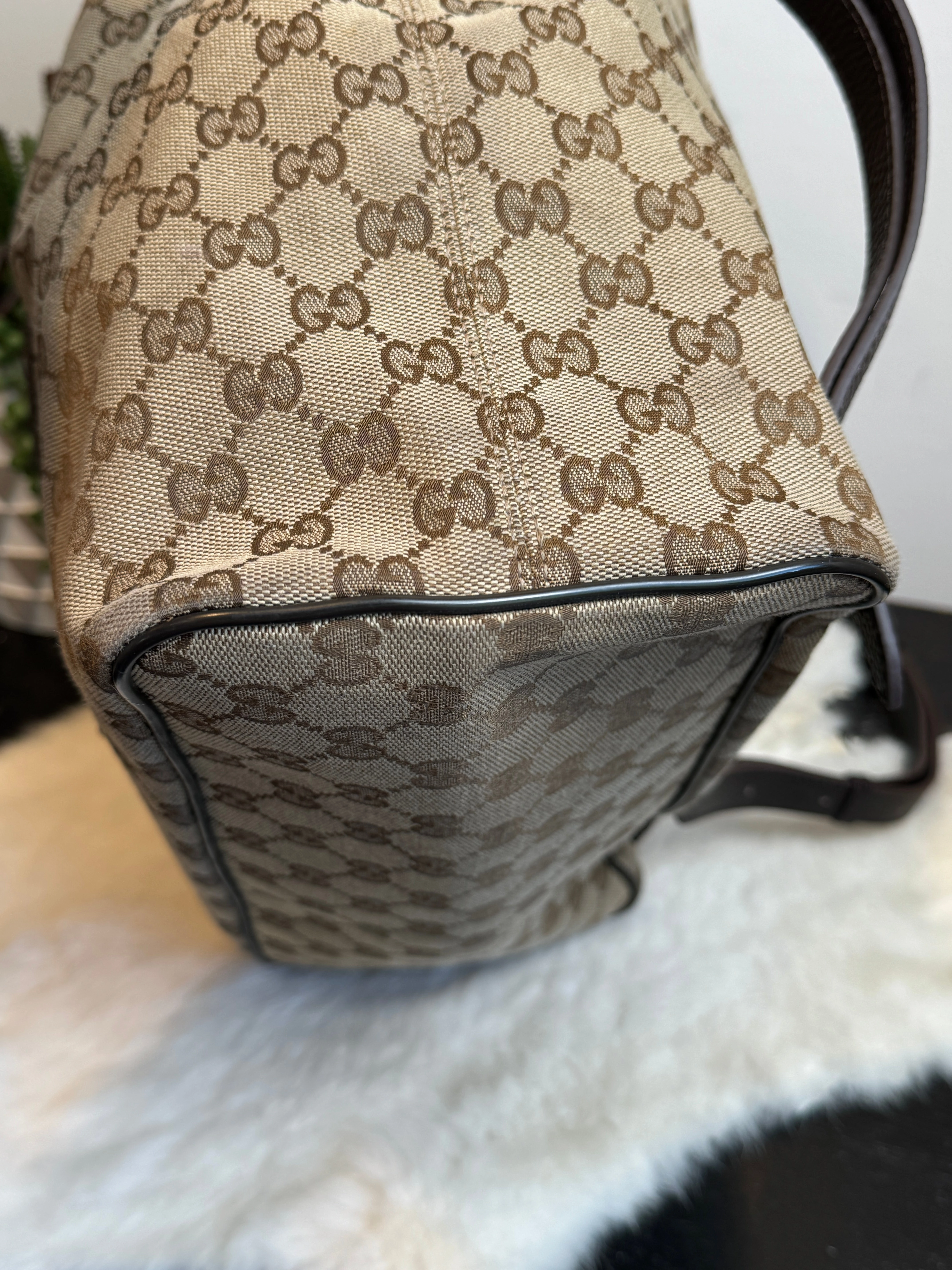GUCCI Canvas Drawstring Leather Dk Brown Backpack