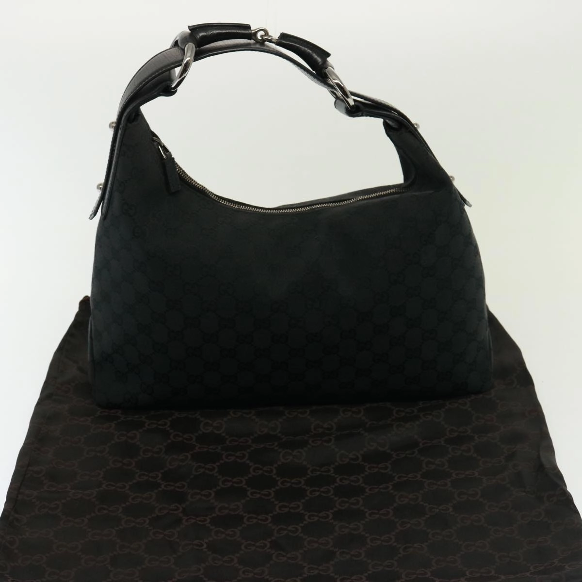 GUCCI GG Canvas Horsebit Shoulder Bag Black 115867  13263