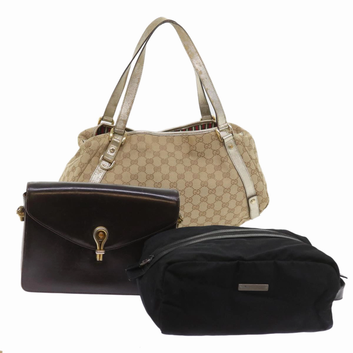 GUCCI GG Canvas Shoulder Bag Nylon Leather 3Set Beige Brown black  bs8794