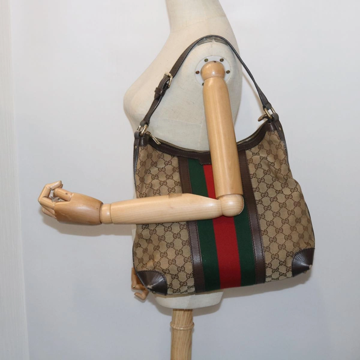 GUCCI GG Canvas Web Sherry Line Shoulder Bag Beige Green Red 257084  56567