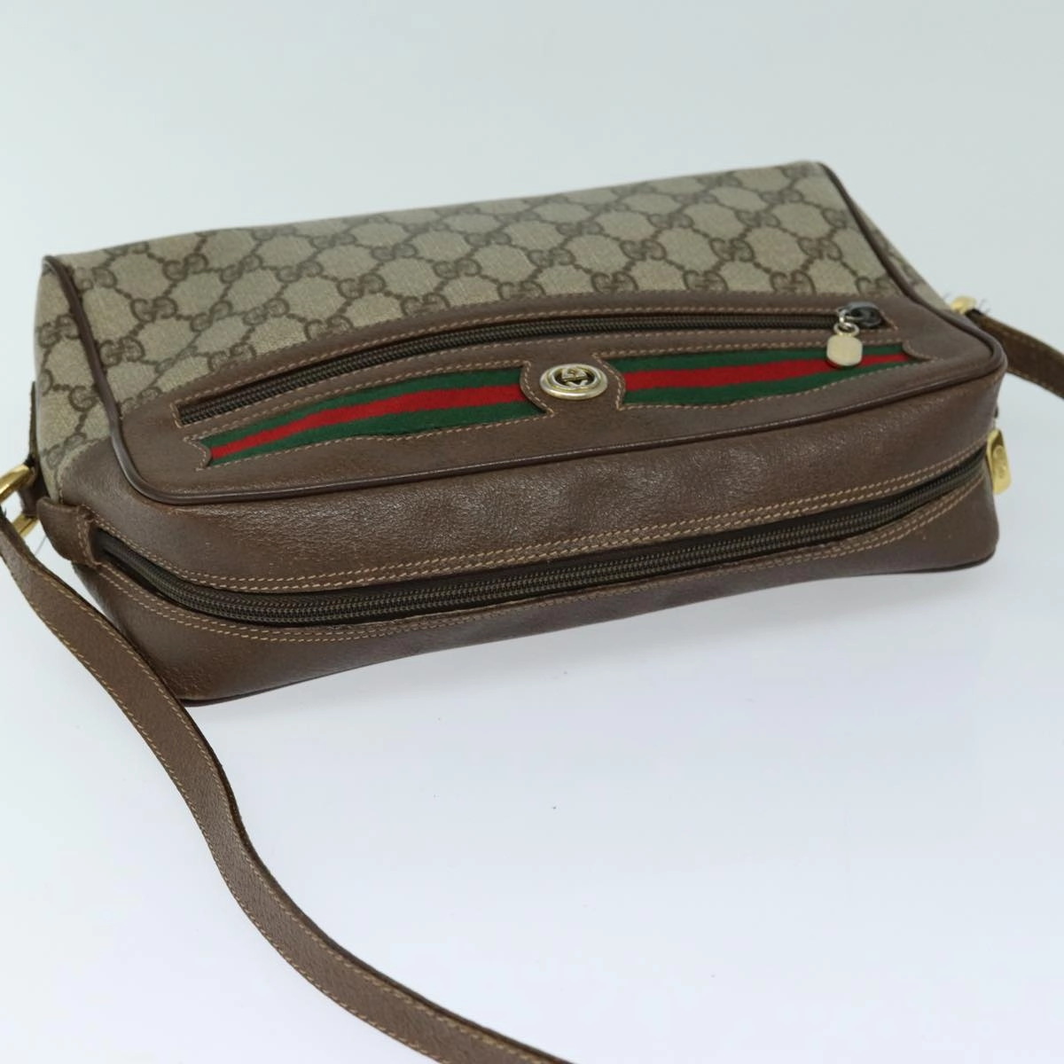GUCCI GG Supreme Web Sherry Line Shoulder Bag PVC Beige Red  82870