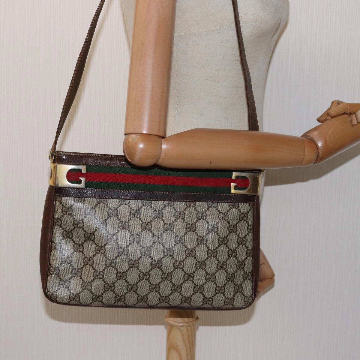 GUCCI GG Supreme Web Sherry Line Shoulder Bag PVC Beige Red Green  ep4578