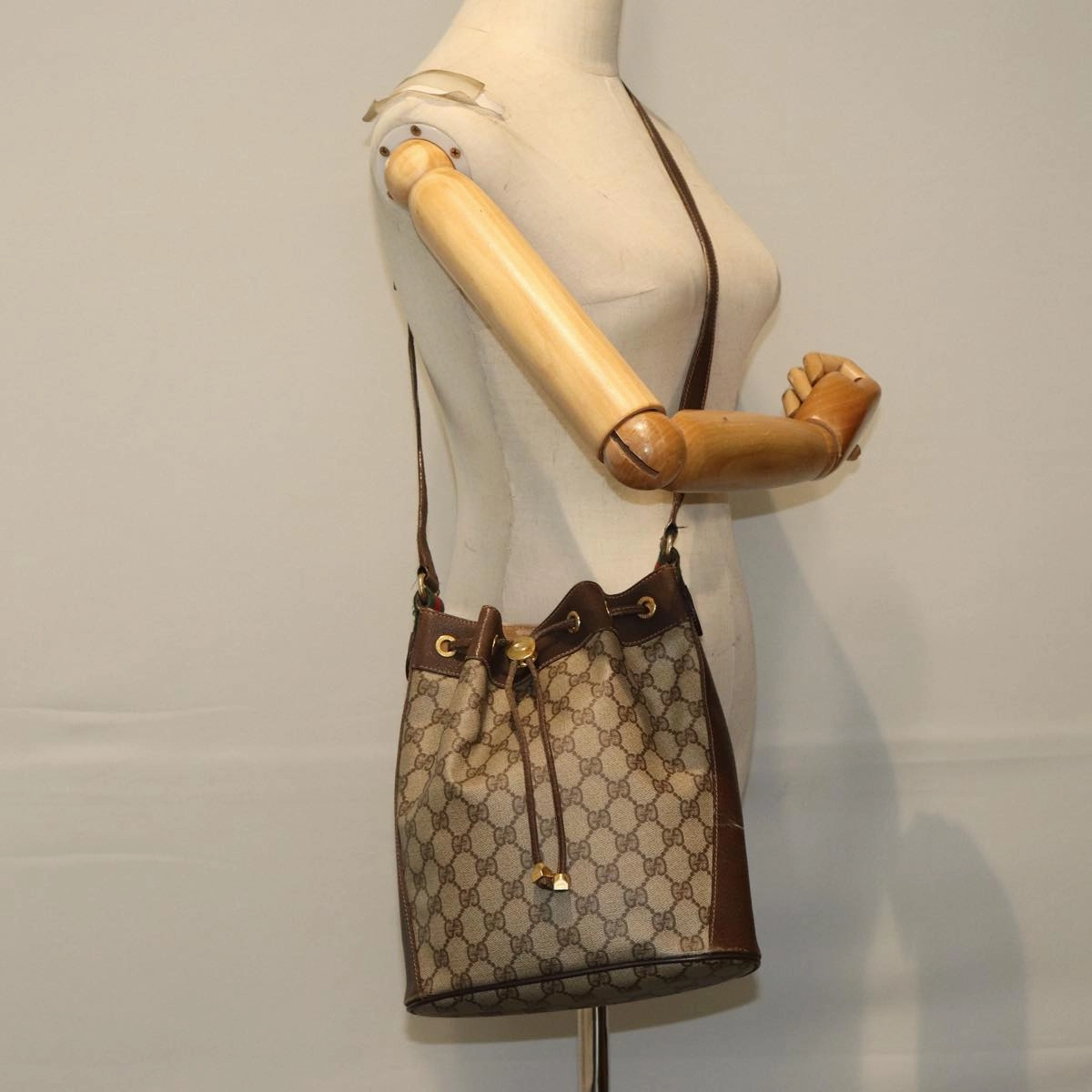 GUCCI GG Supreme Web Sherry Line Shoulder Bag PVC Leather Beige  79176