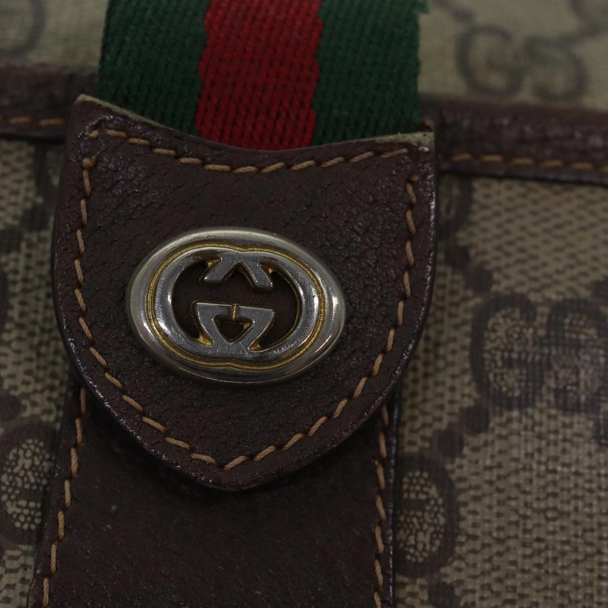 GUCCI GG Supreme Web Sherry Line Shoulder Bag PVC Leather Beige Brown