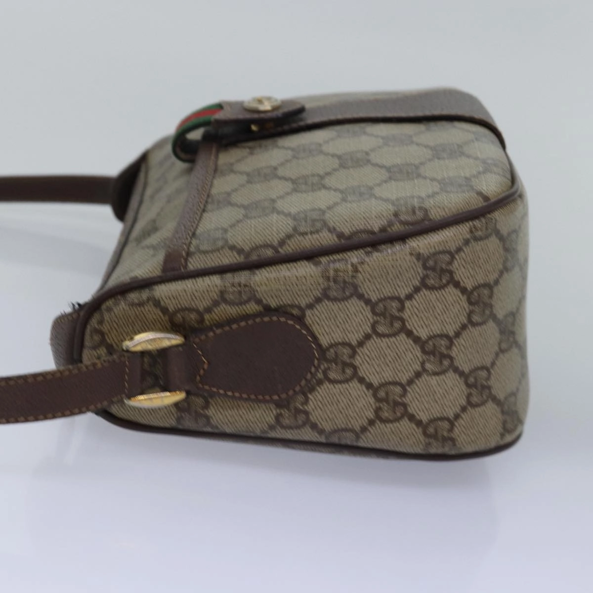 GUCCI GG Supreme Web Sherry Line Shoulder Bag PVC Leather Beige Brown