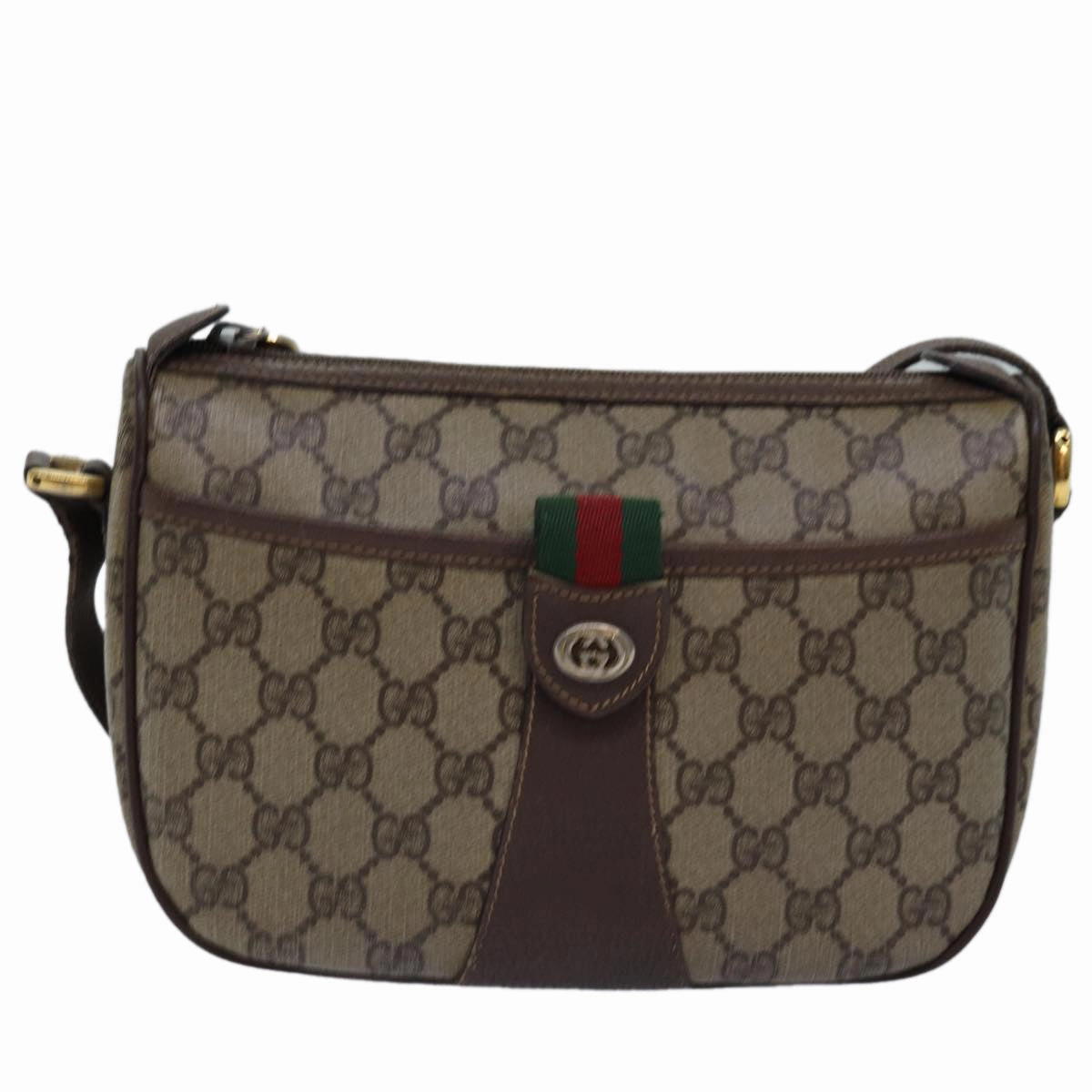 GUCCI GG Supreme Web Sherry Line Shoulder Bag PVC Leather Beige Brown