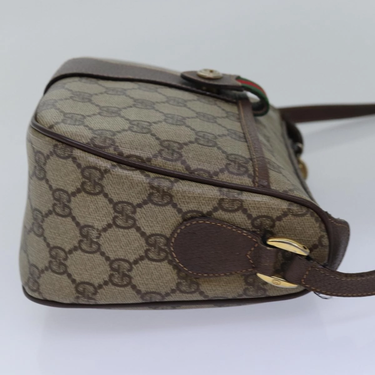 GUCCI GG Supreme Web Sherry Line Shoulder Bag PVC Leather Beige Brown