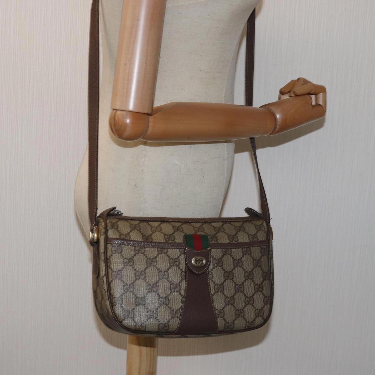 GUCCI GG Supreme Web Sherry Line Shoulder Bag PVC Leather Beige Brown