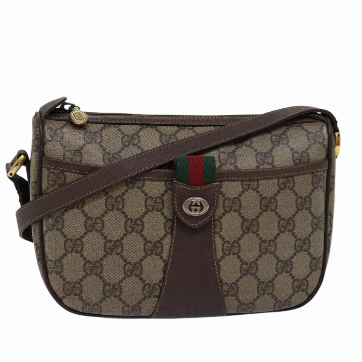 GUCCI GG Supreme Web Sherry Line Shoulder Bag PVC Leather Beige Brown