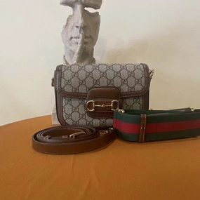 Gucci Horsebit 1955 Beige Brown Canvas Leather Shoulder Bag Medium