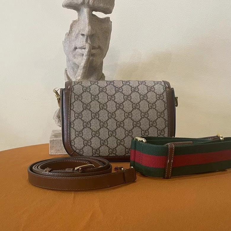 Gucci Horsebit 1955 Beige Brown Canvas Leather Shoulder Bag Medium