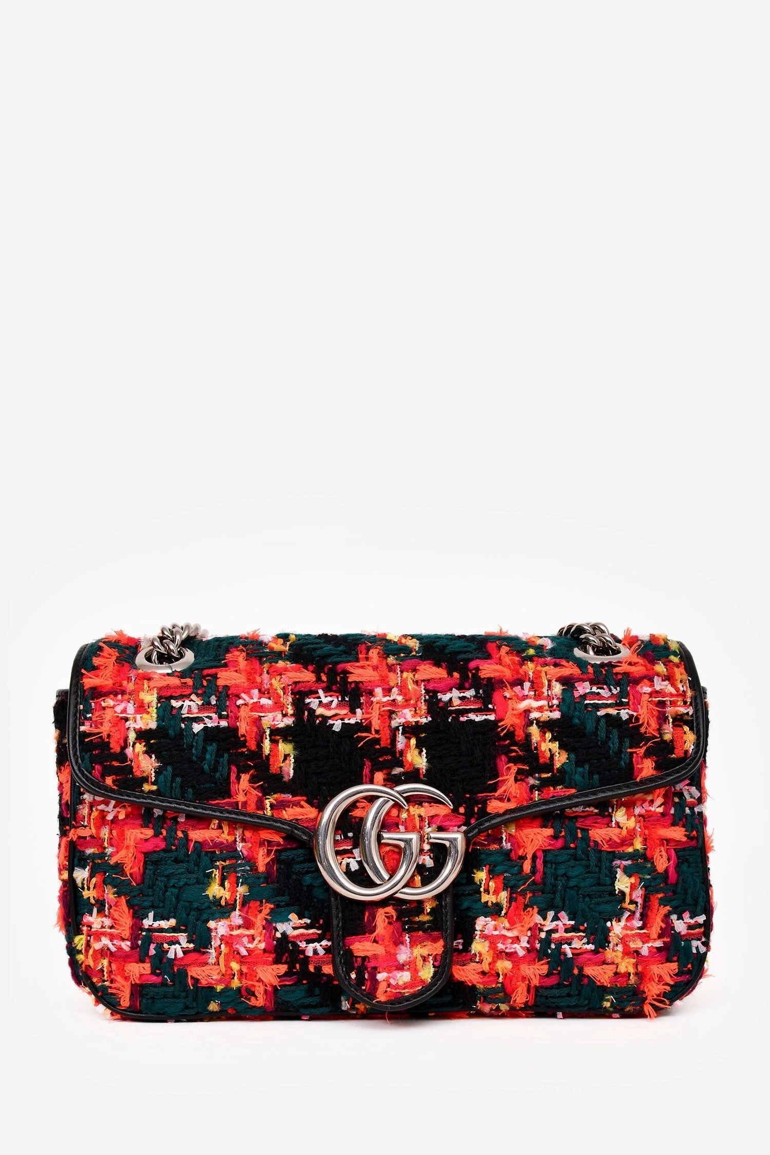 Gucci Orange/Green Tweed Leather Trimmed GG Marmont Small Shoulder Bag