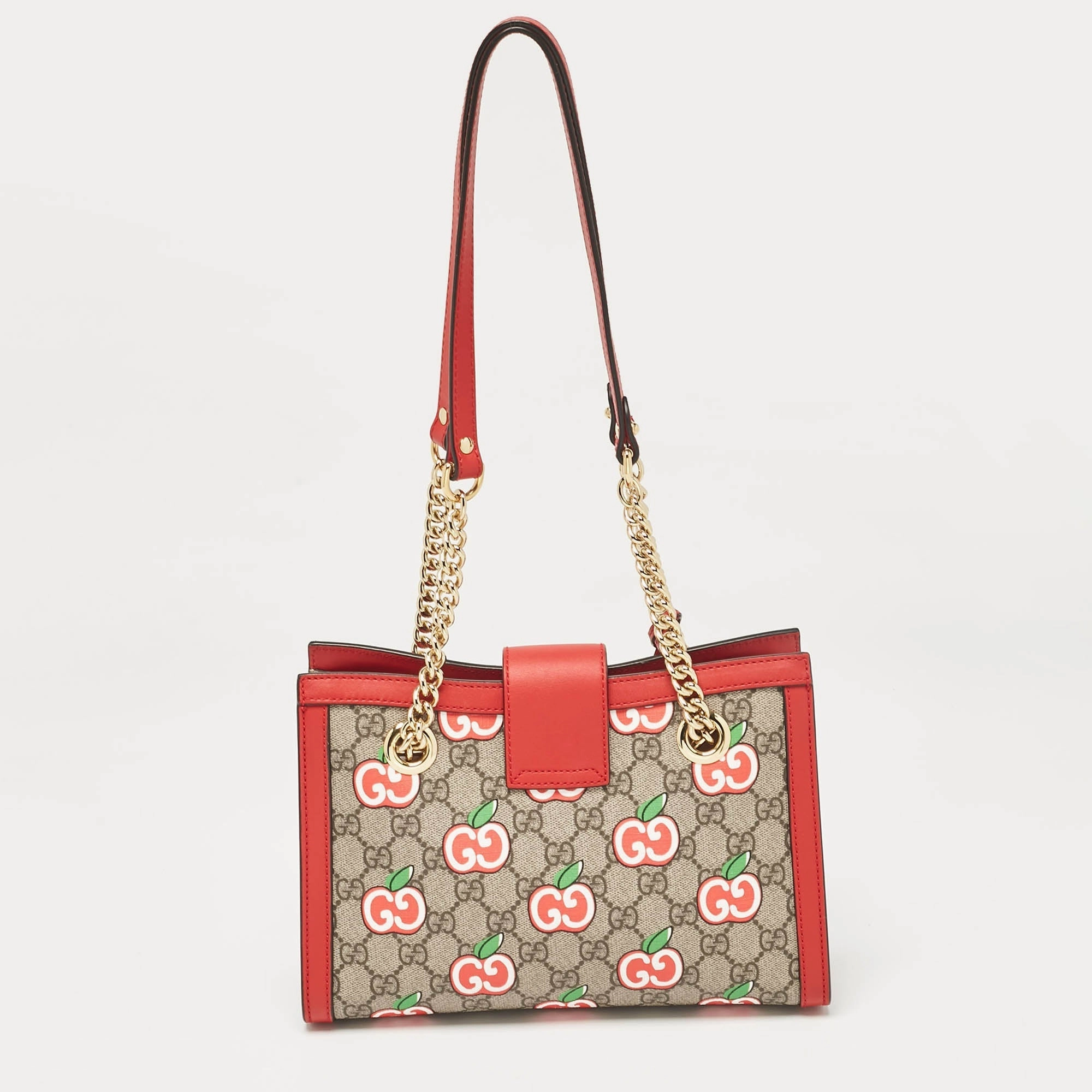 Gucci Red/beige Gg Supreme Canvas Apple Print Small Padlock Shoulder Bag