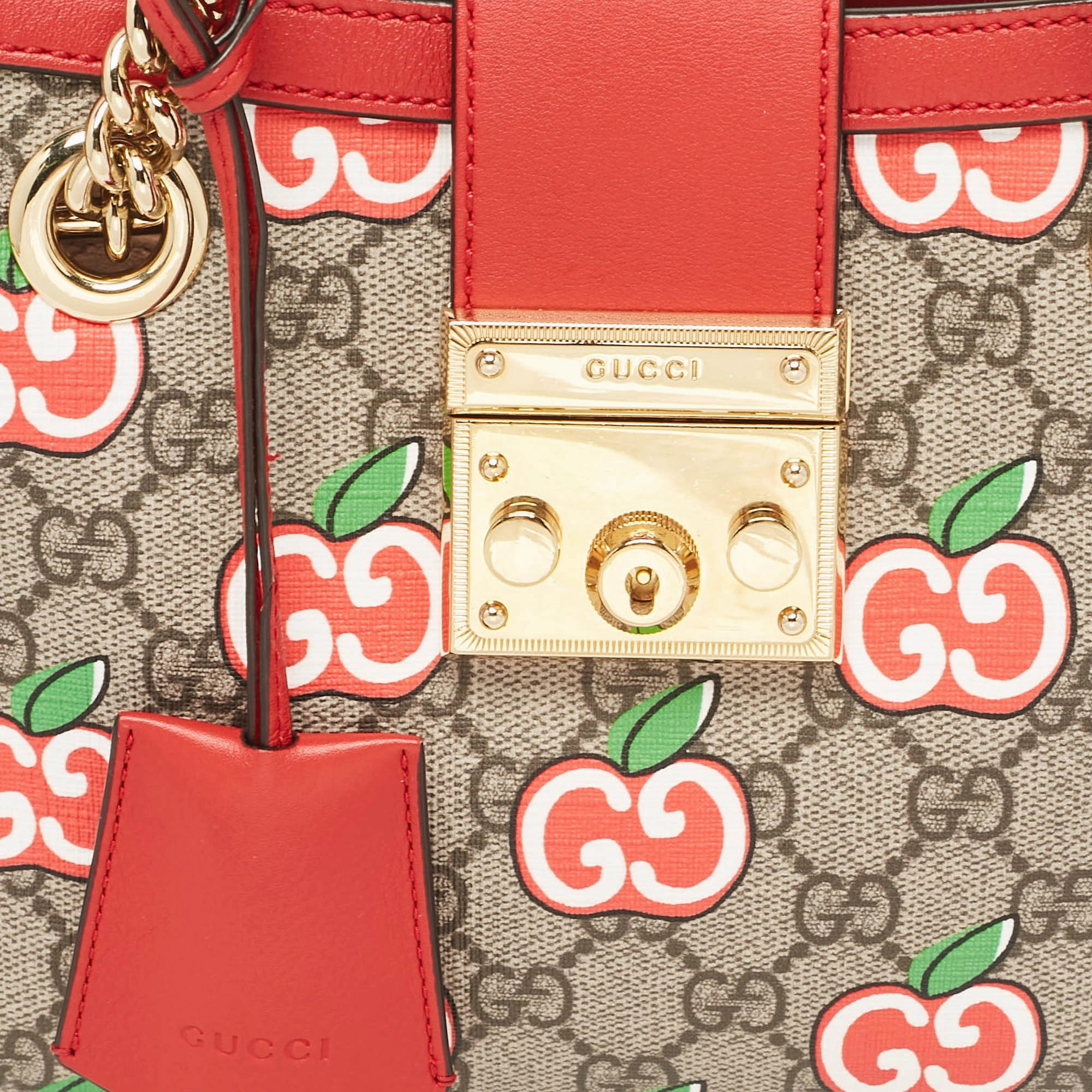 Gucci Red/beige Gg Supreme Canvas Apple Print Small Padlock Shoulder Bag