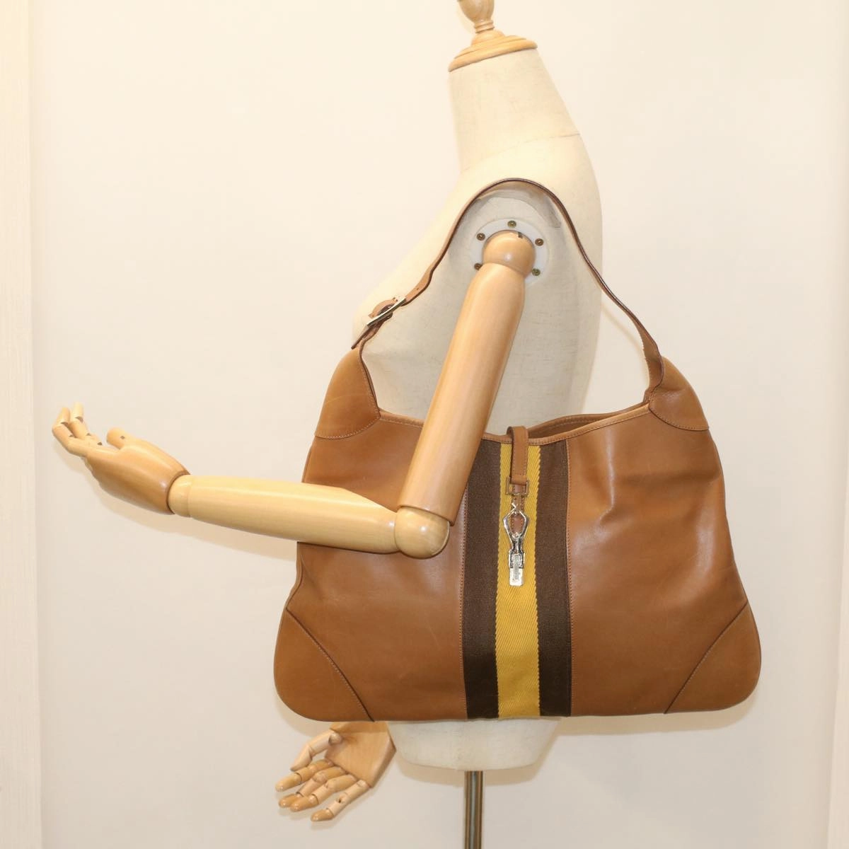 GUCCI Sherry Line Jackie Shoulder Bag Leather Brown Yellow 001 4312  56760