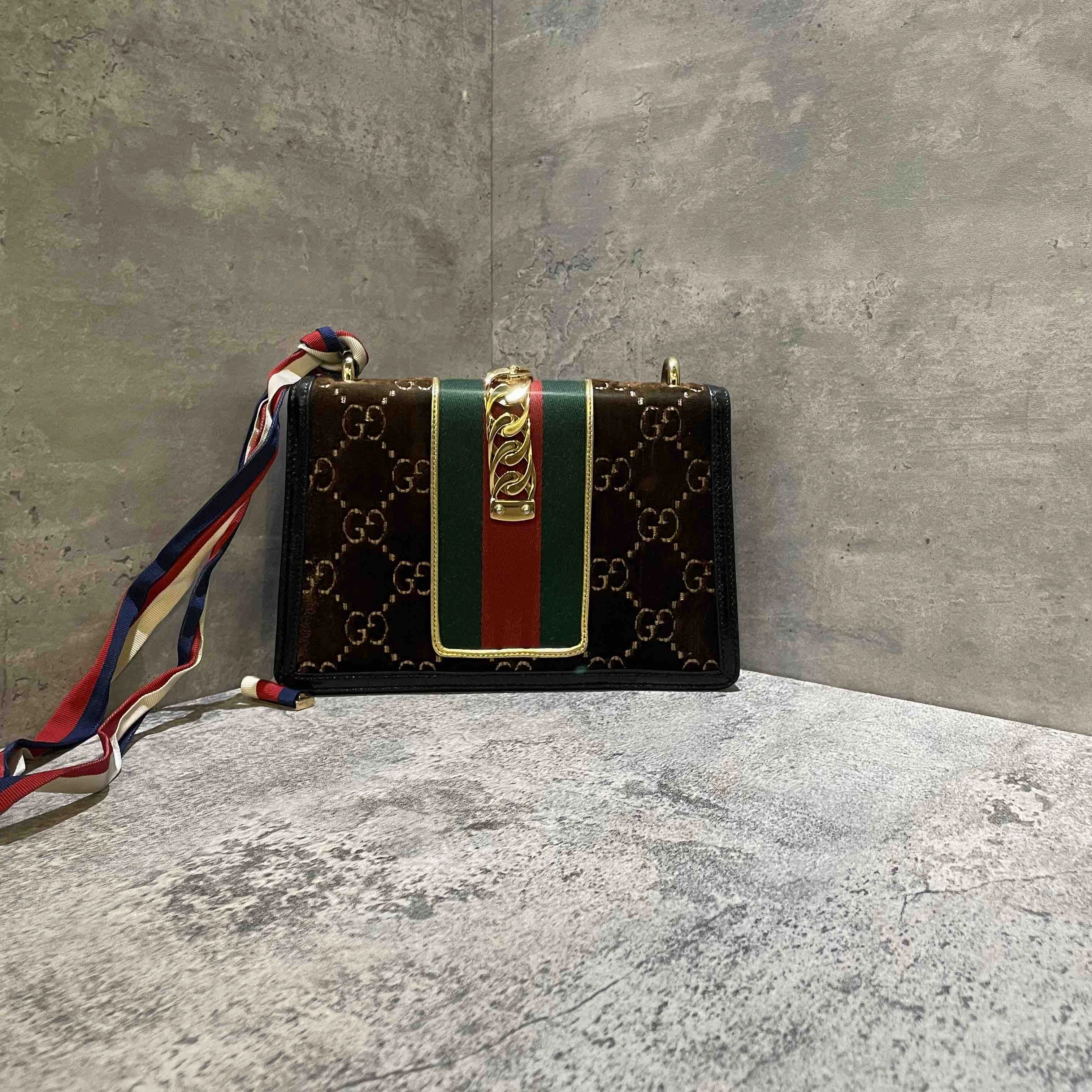 Gucci Sylvie Brown Velvet Monogram Shoulder Bag Medium