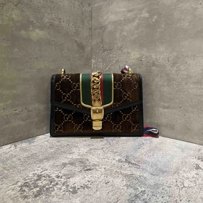 Gucci Sylvie Brown Velvet Monogram Shoulder Bag Medium