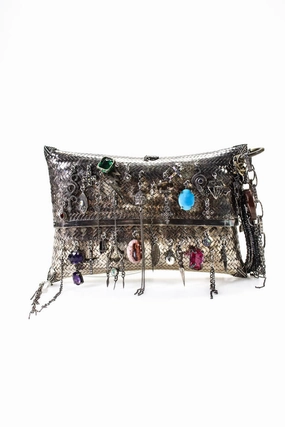 Gunda Womens Mesh Structured Quartz Charms Clutch Silver Tone Small Handbag