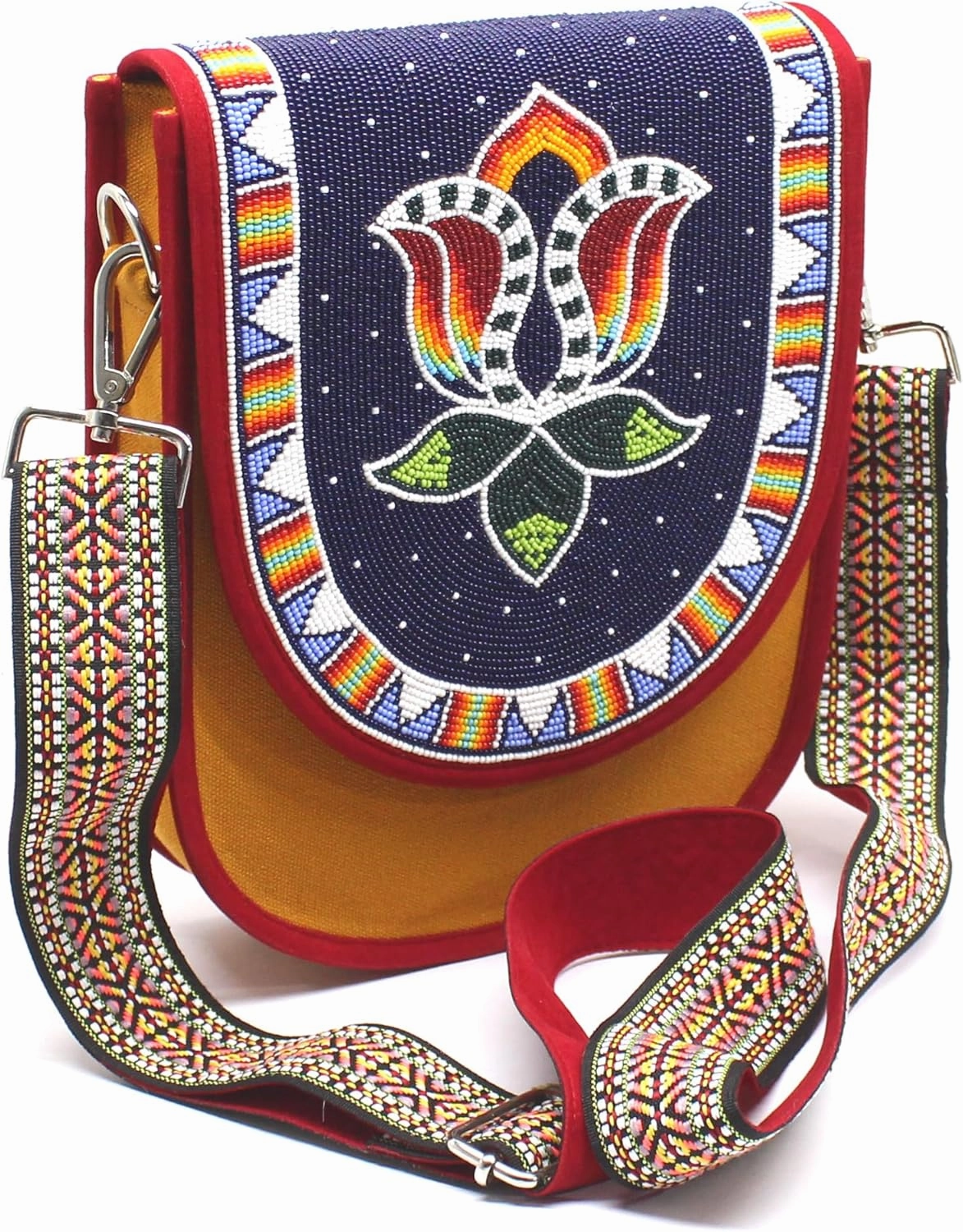 Handmade Beaded Bag,Native American Style Canvas Crossbody Unisex Handbag With Adjustable Strap,Seed Beaded Shoulder Handbag.