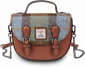 Islander? The Mini Cobble Satchel - Small Ladies Satchel With HARRIS TWEED - Chestnut Blue Tartan, Chestnut Blue Tartan, Mini