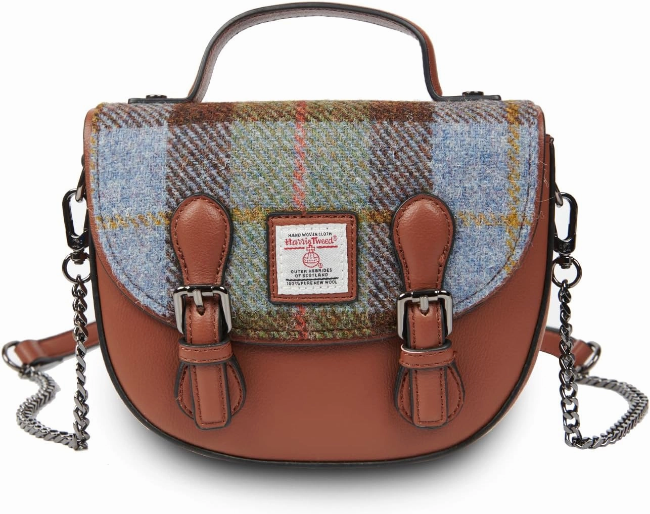 Islander? The Mini Cobble Satchel - Small Ladies Satchel With HARRIS TWEED - Chestnut Blue Tartan, Chestnut Blue Tartan, Mini