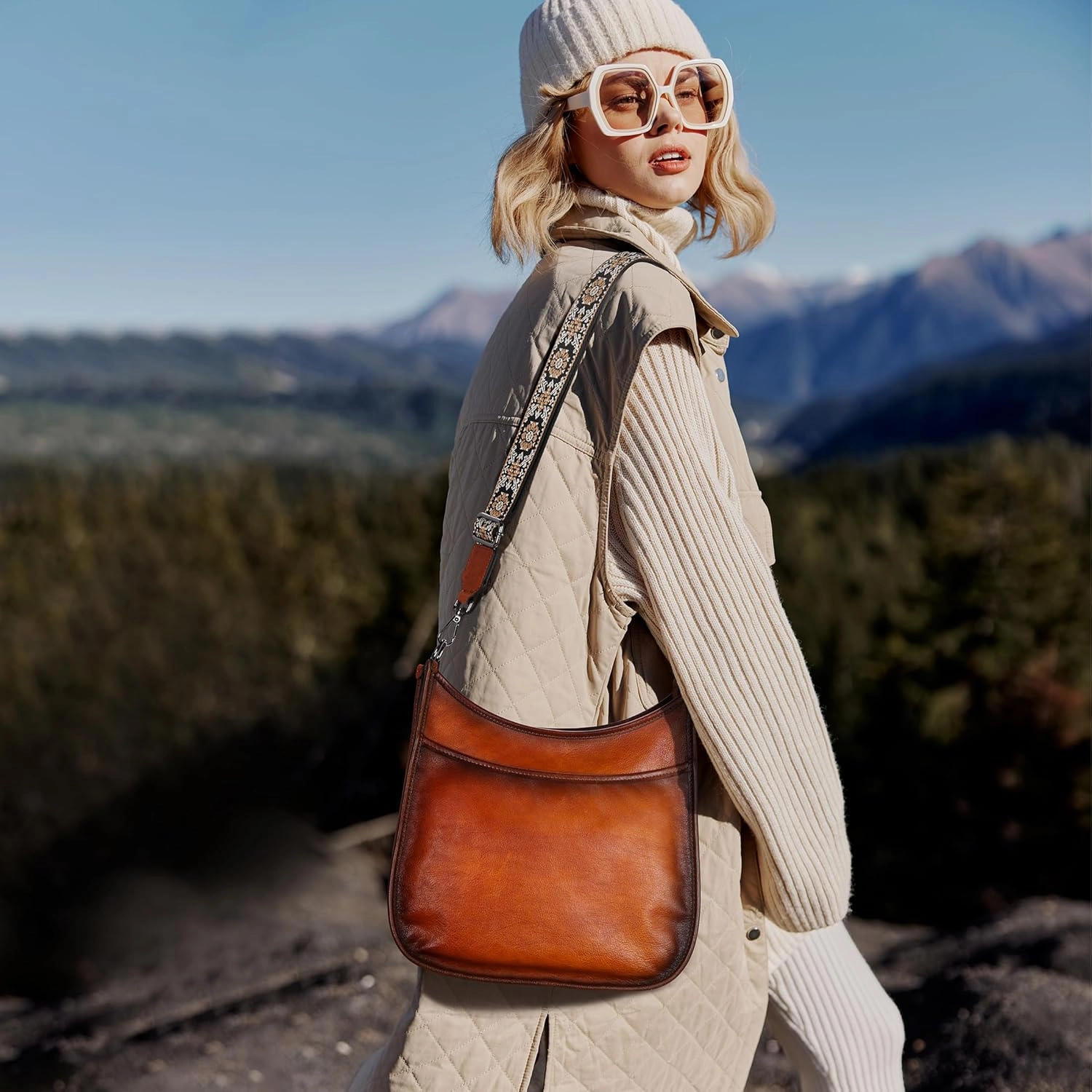 Iswee Crossbody Bags for Women Genuine Leather Purses Vintage Shoulder Handbags Travel Cross Body Bag with Boho Strap