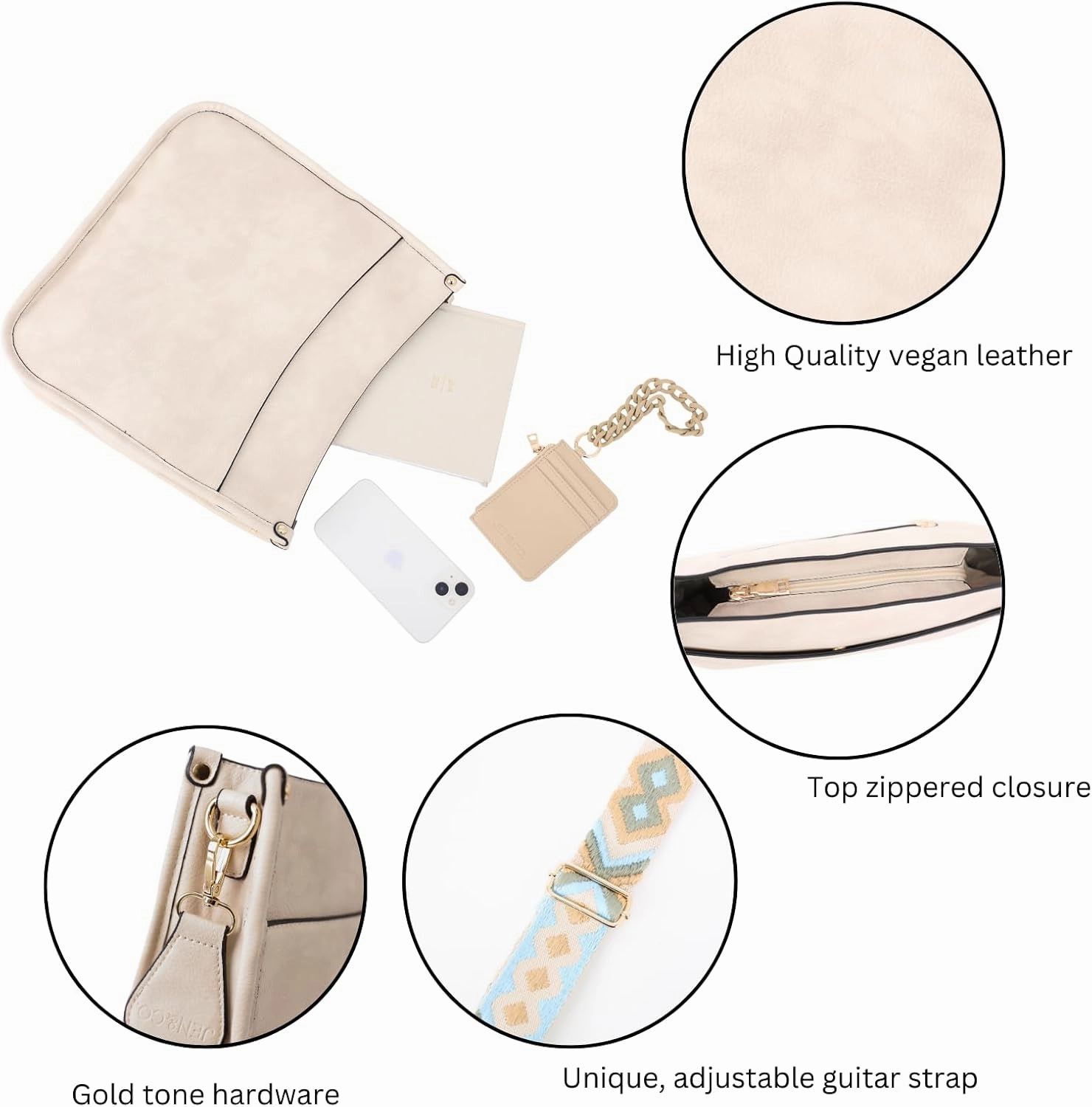 JEN & CO. Crossbody Bags for Women Trendy Vegan Leather Hobo Purses Shoulder Handbags with Wide Adjustable Guitar Strap