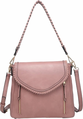 JEN & CO. Lorelei Double Zip Whipstitch Trim, Vegan Leather Crossbody Handbag Purse