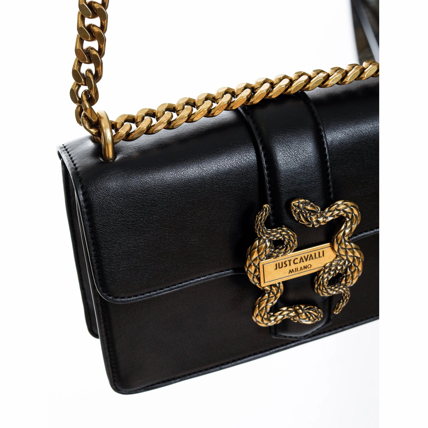 Just Cavalli Women's Black Snake Buckle Chain Bag