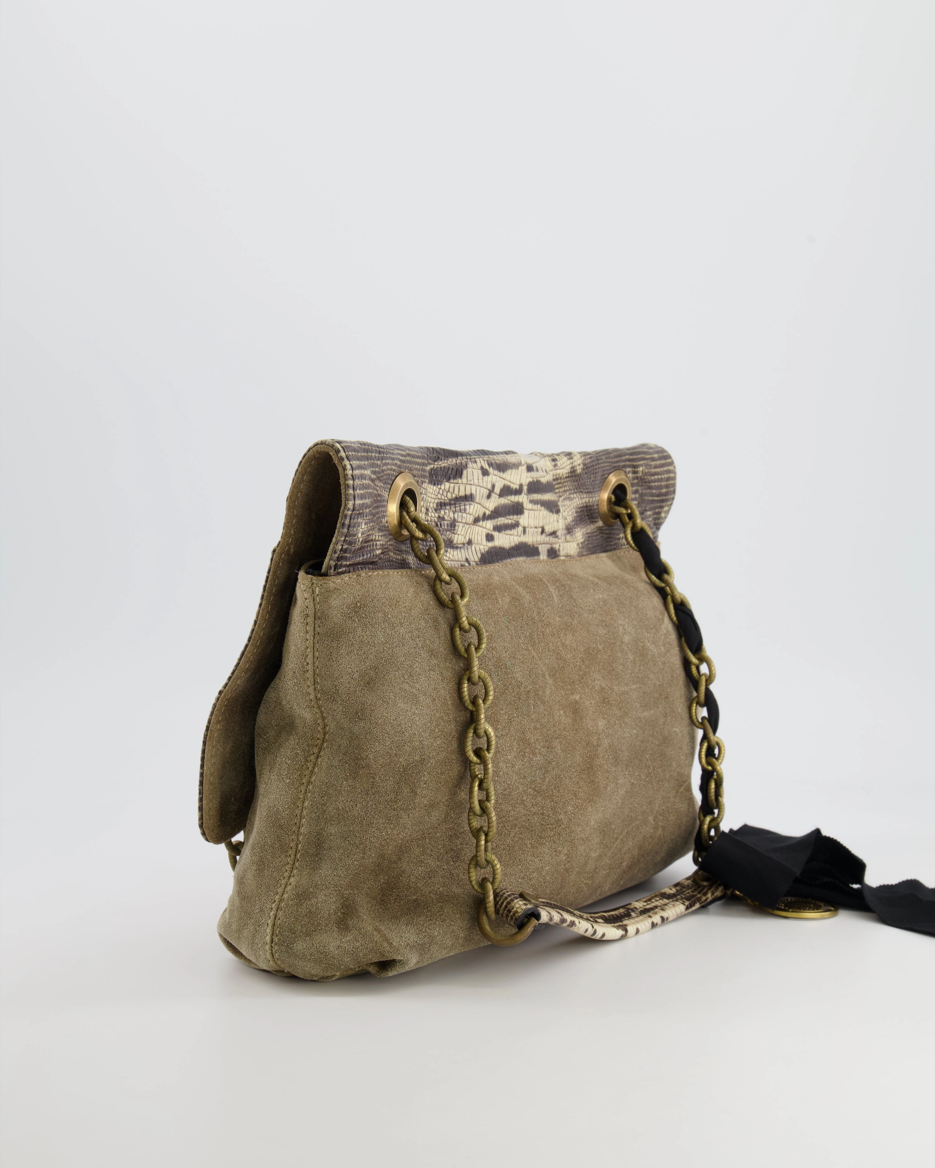 Lanvin Beige Snakeskin Embossed Shoulder Bag with Gold Hardware