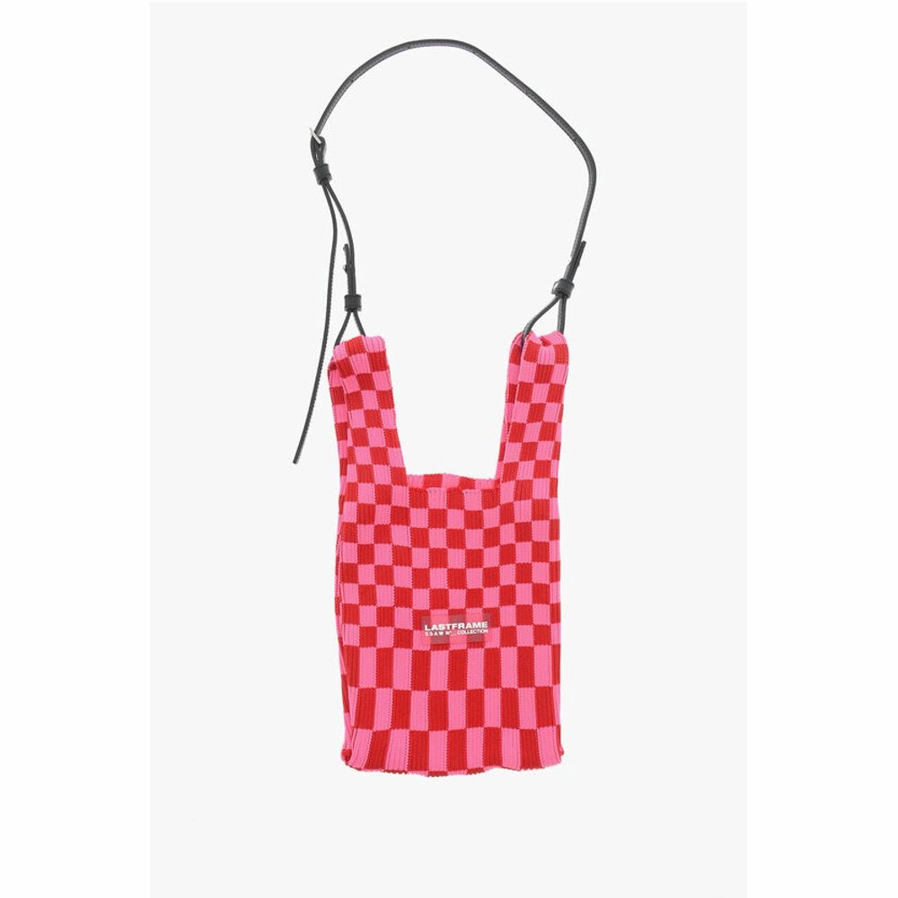 Last Frame Checked Knitted Tote Bag with Faux Leather Shoulder Strap