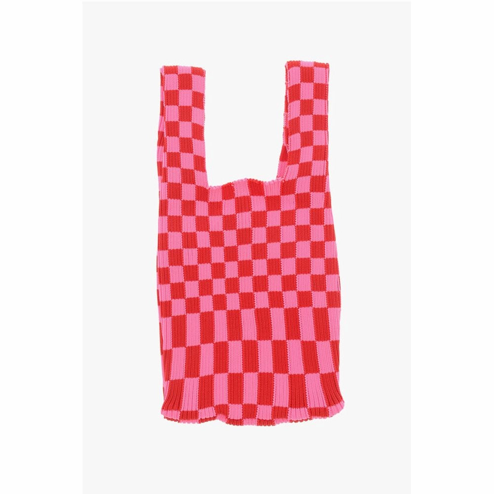 Last Frame Checked Knitted Tote Bag with Faux Leather Shoulder Strap