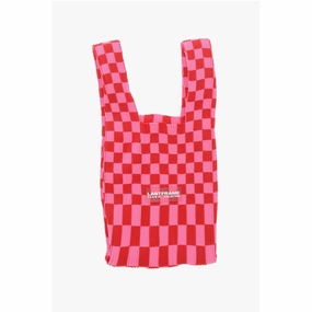 Last Frame Checked Knitted Tote Bag with Faux Leather Shoulder Strap