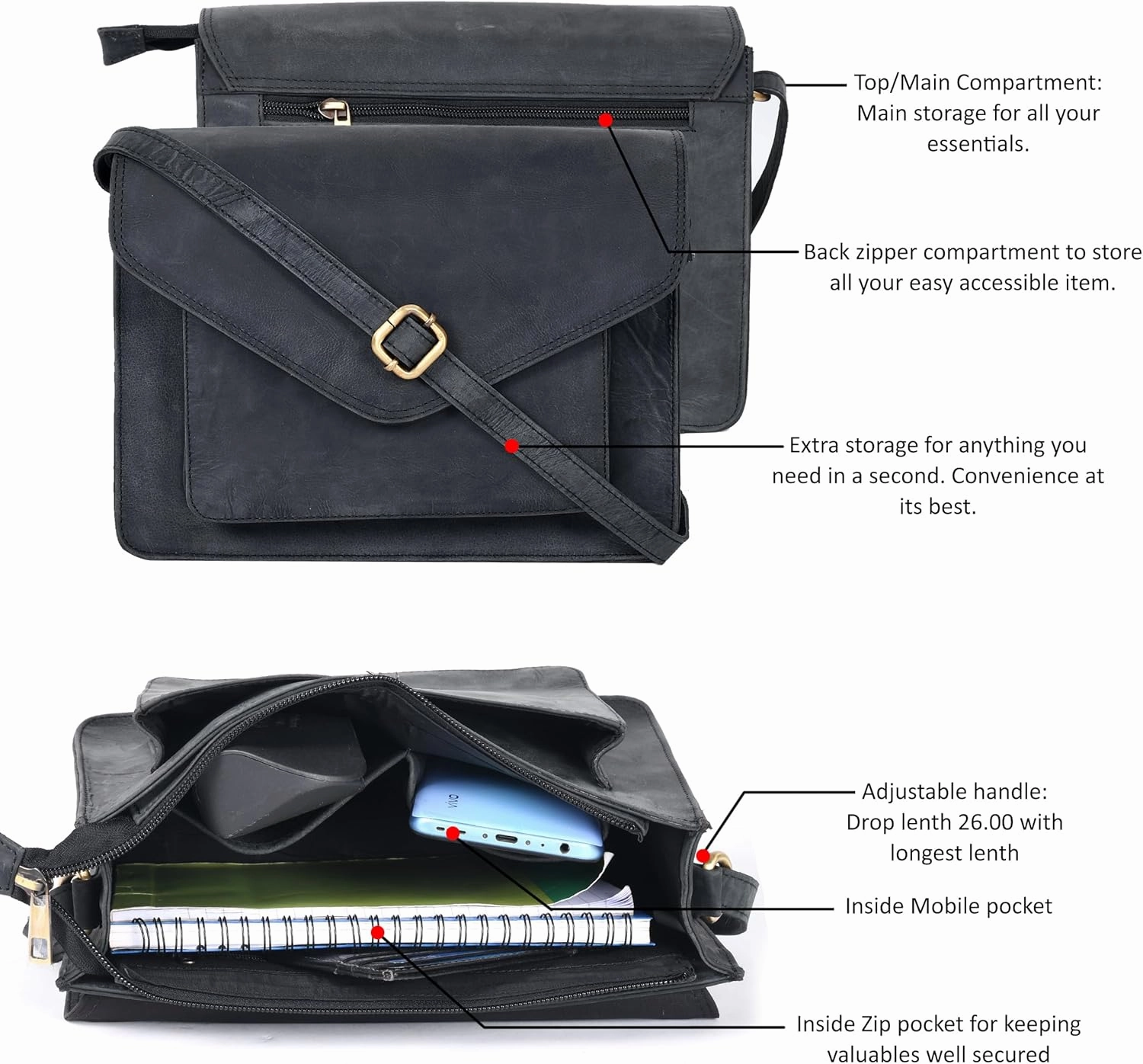 Leather Flapover Crossbody Handbag Purse for Women with Adjustable Strap & Overflap Snap Closure Tote/Bag